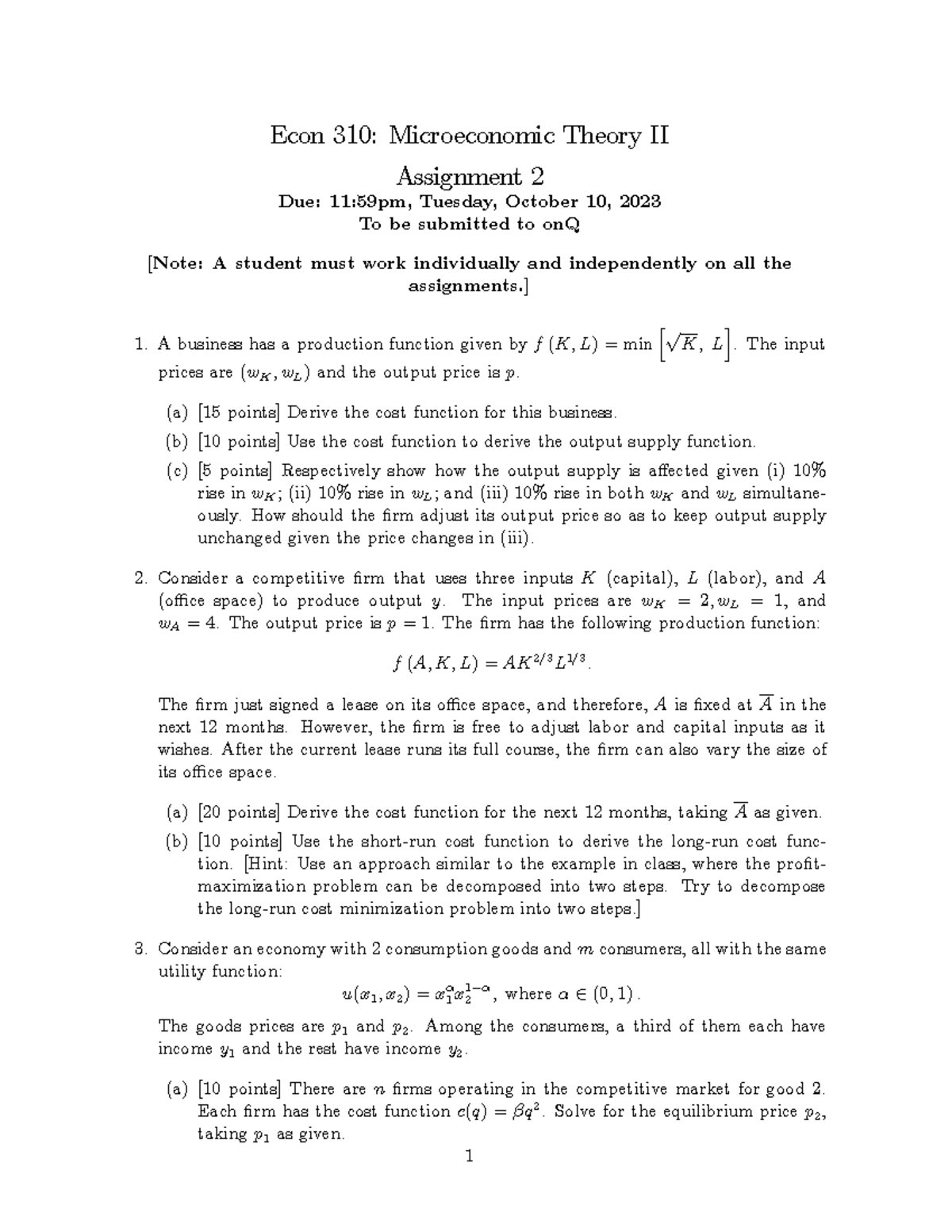 Econ310 2023f Asg2 - Assignment 2 - Econ 310: Microeconomic Theory II ...