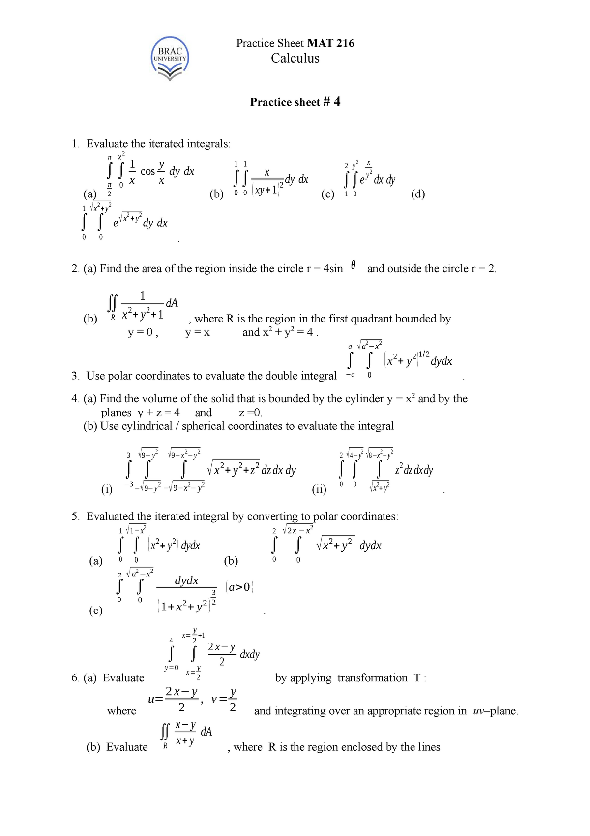 2 Practice Sheet Calculus Practice Sheet Mat 216 Calculus Practice Sheet 4 Evaluate The Studocu