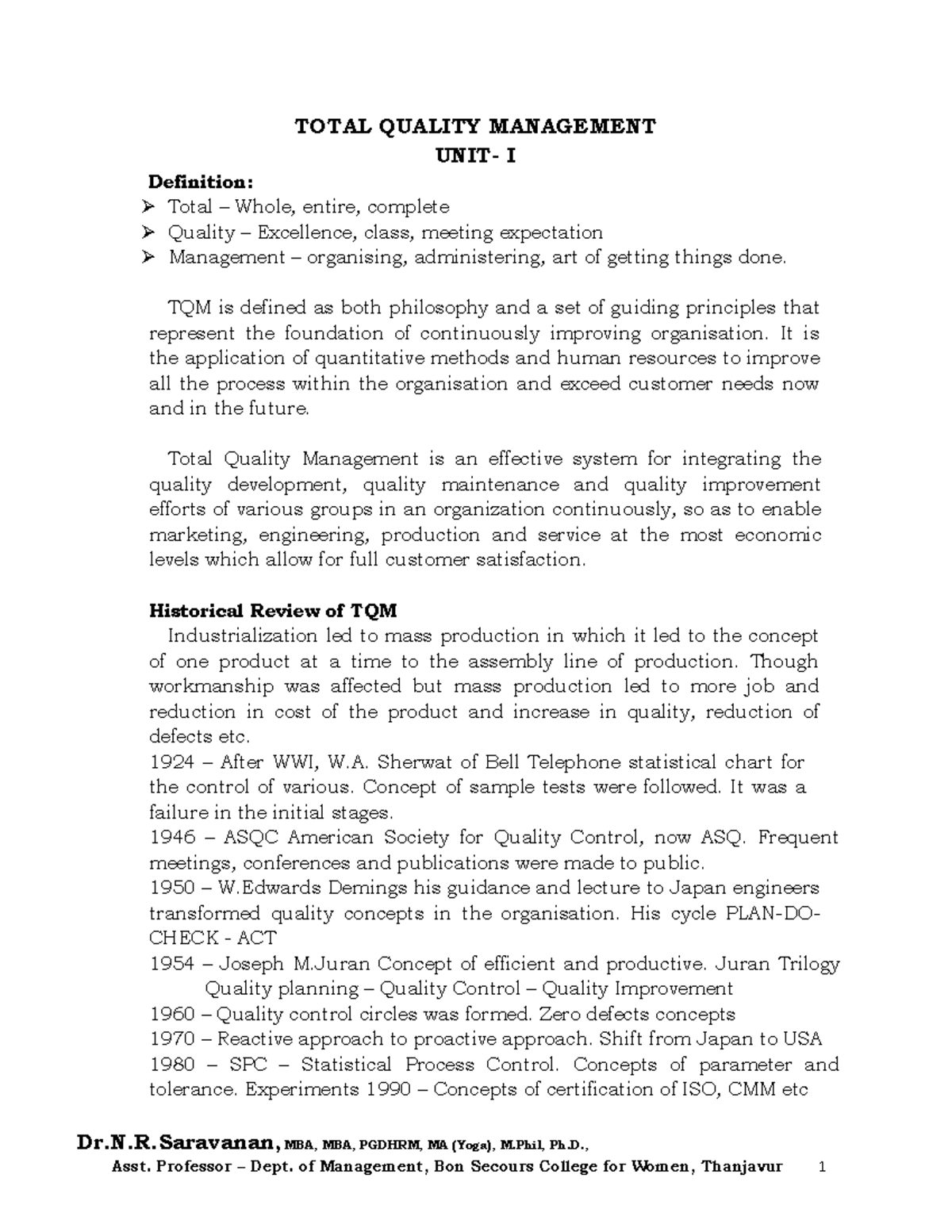 TQM note - notes - Dr.N.R,MBA, MBA, PGDHRM, MA (Yoga), M, Ph., TOTAL ...
