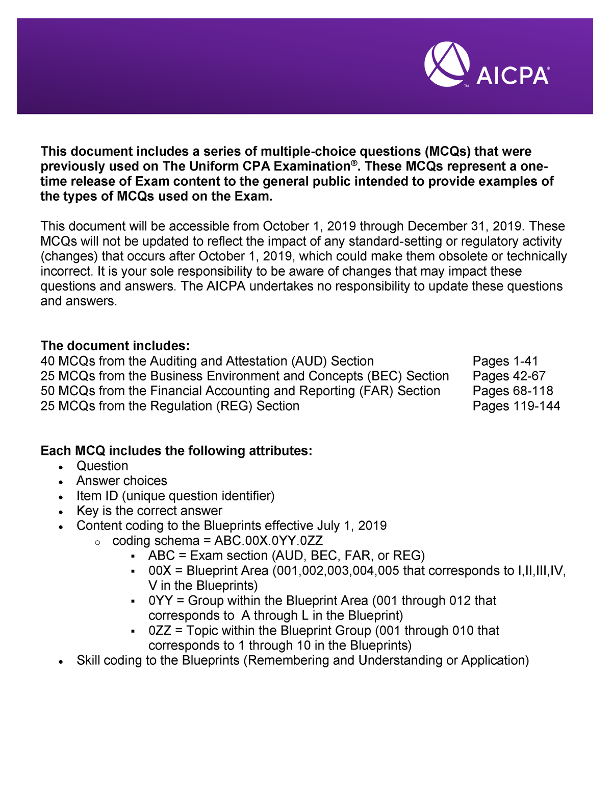 AICPA Released MCQs