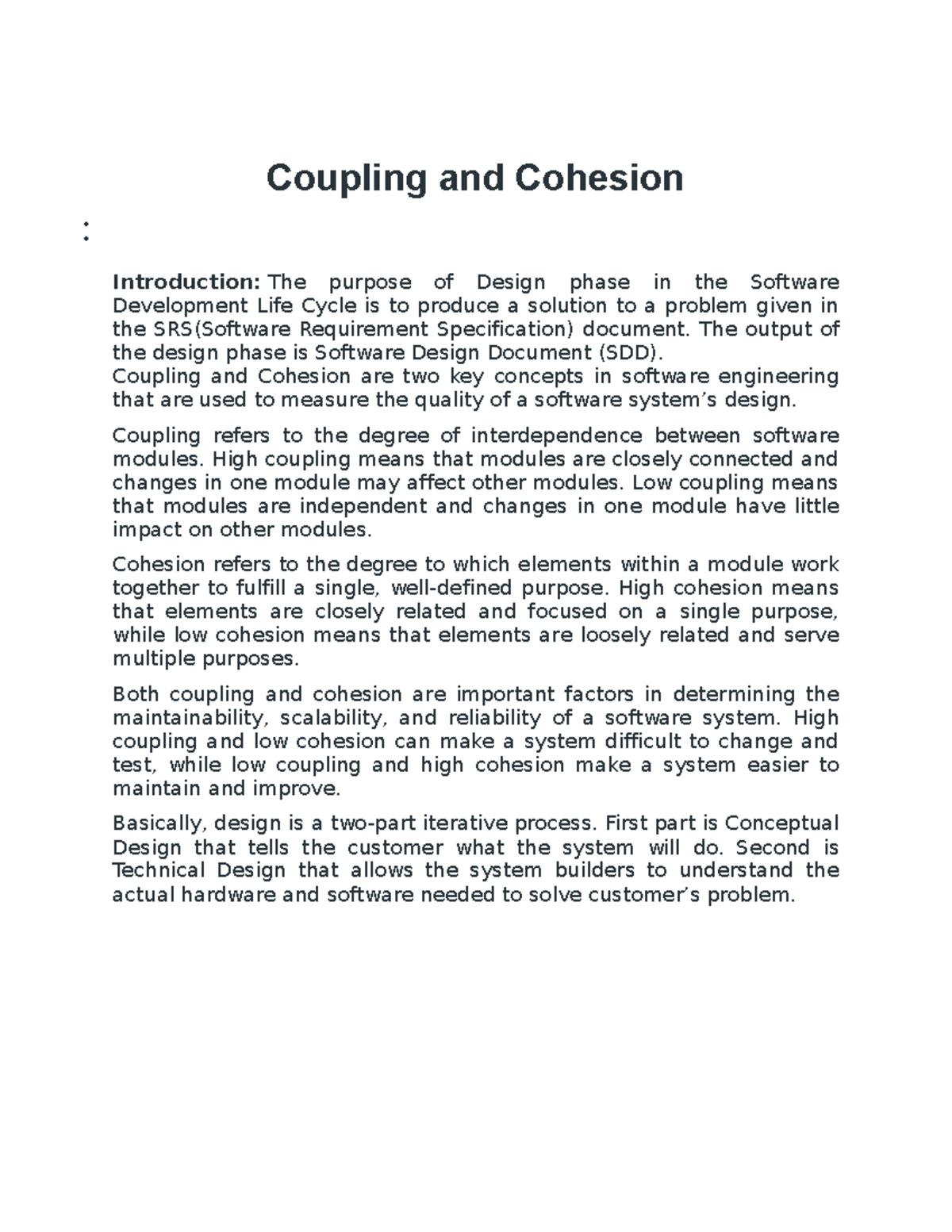 Cohesion and coupling notes Coupling and Cohesion Introduction The