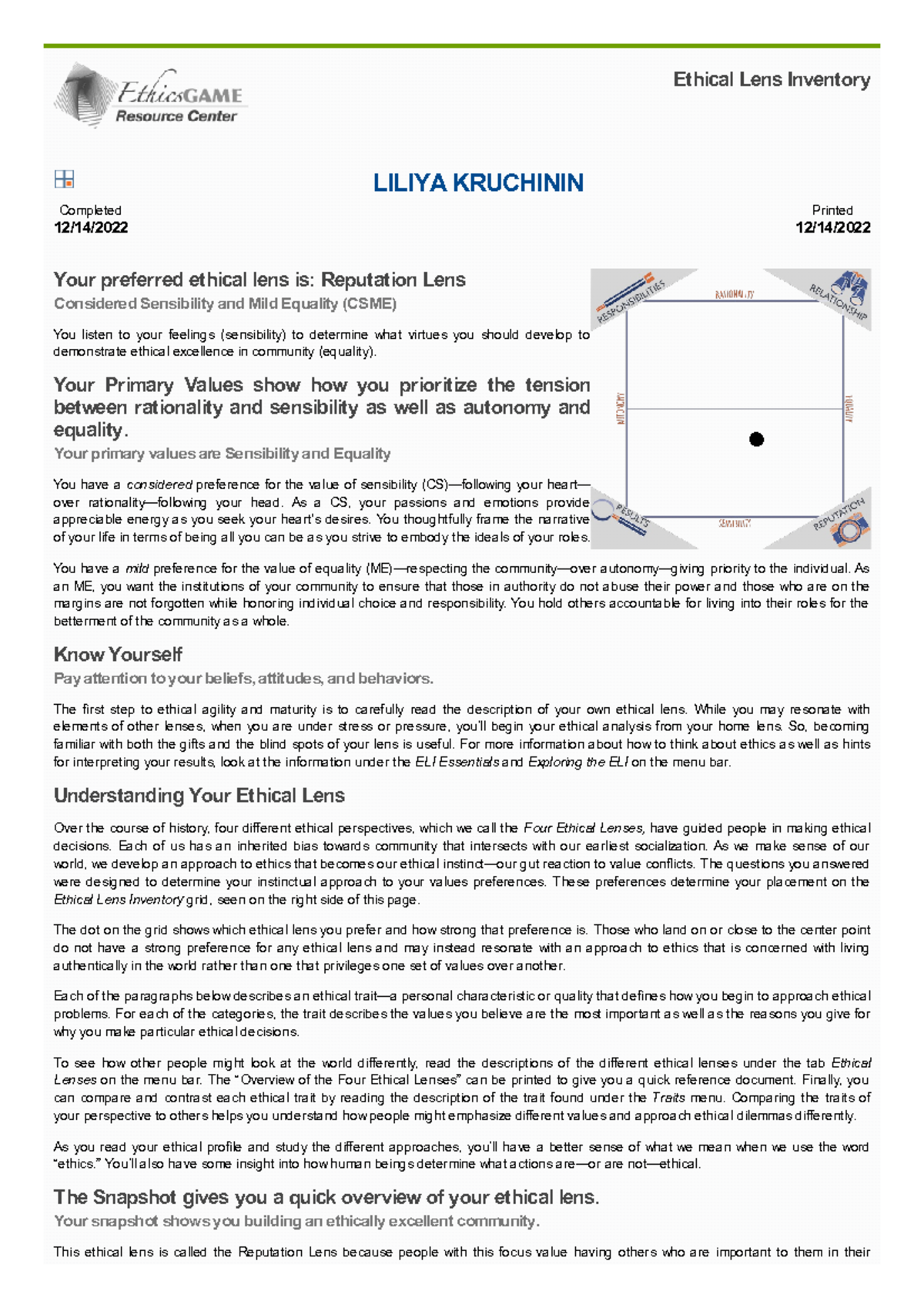 Ethical Lens Inventory Ethical Lens Inventory Completed 12/14/ Printed 12/14/ LILIYA KRUCHININ