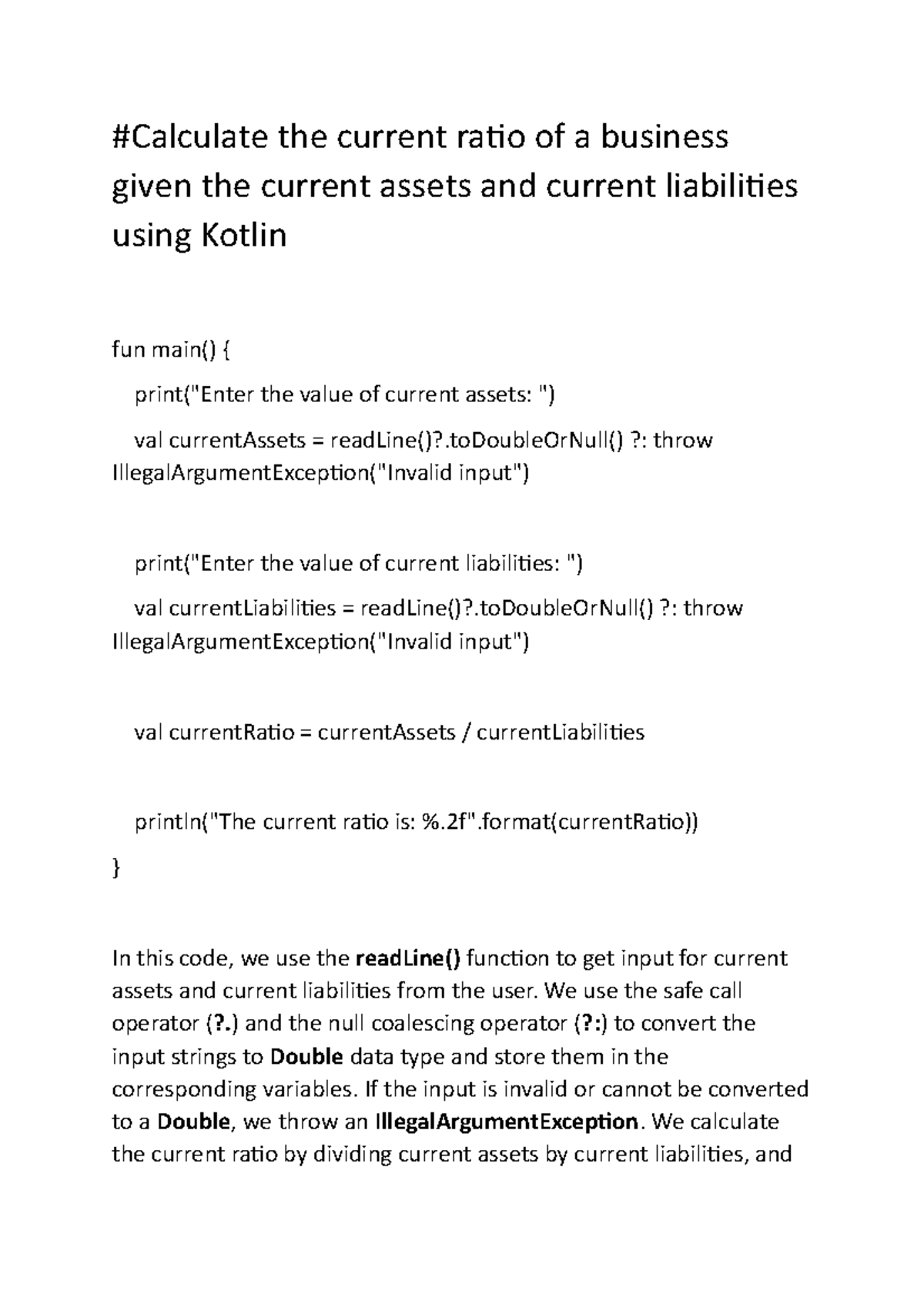 Assets and current liabilities using Kotlin Calculate the current