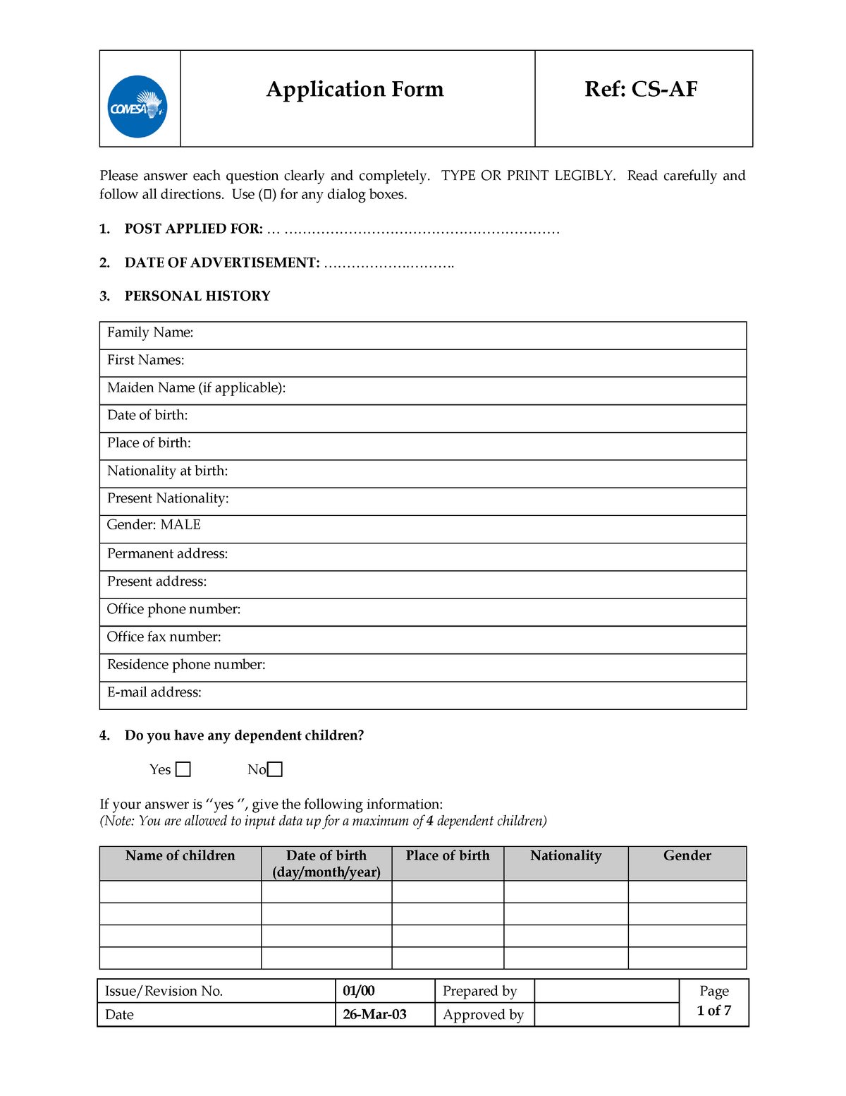 181206 Comesa Job Application Form English Issuerevision No 0100 Prepared By Page Please 9950