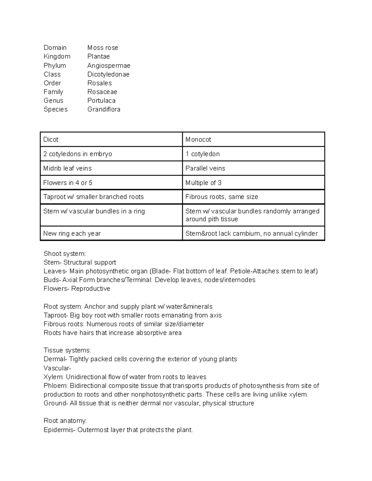 Practical 1 review Domain Moss rose Kingdom Plantae Phylum