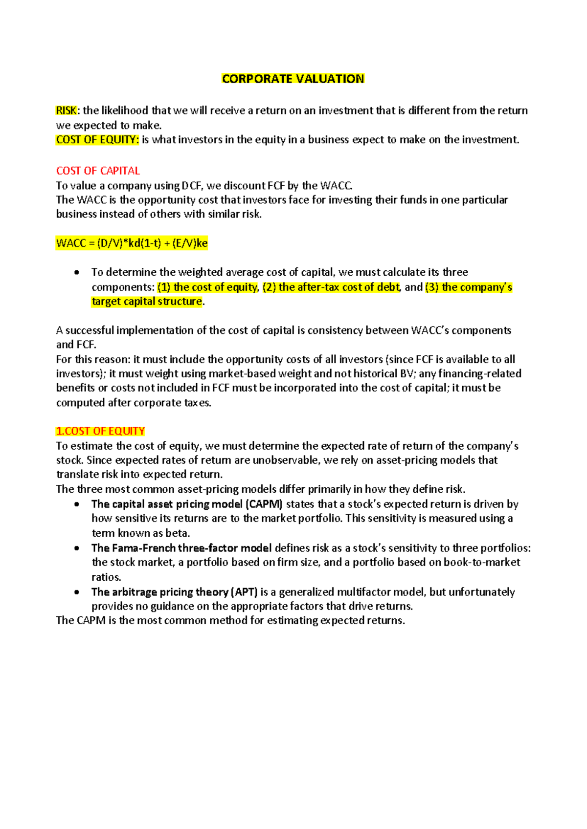 Corporate Valuation ORAL Notes - CORPORATE VALUATION RISK: the ...