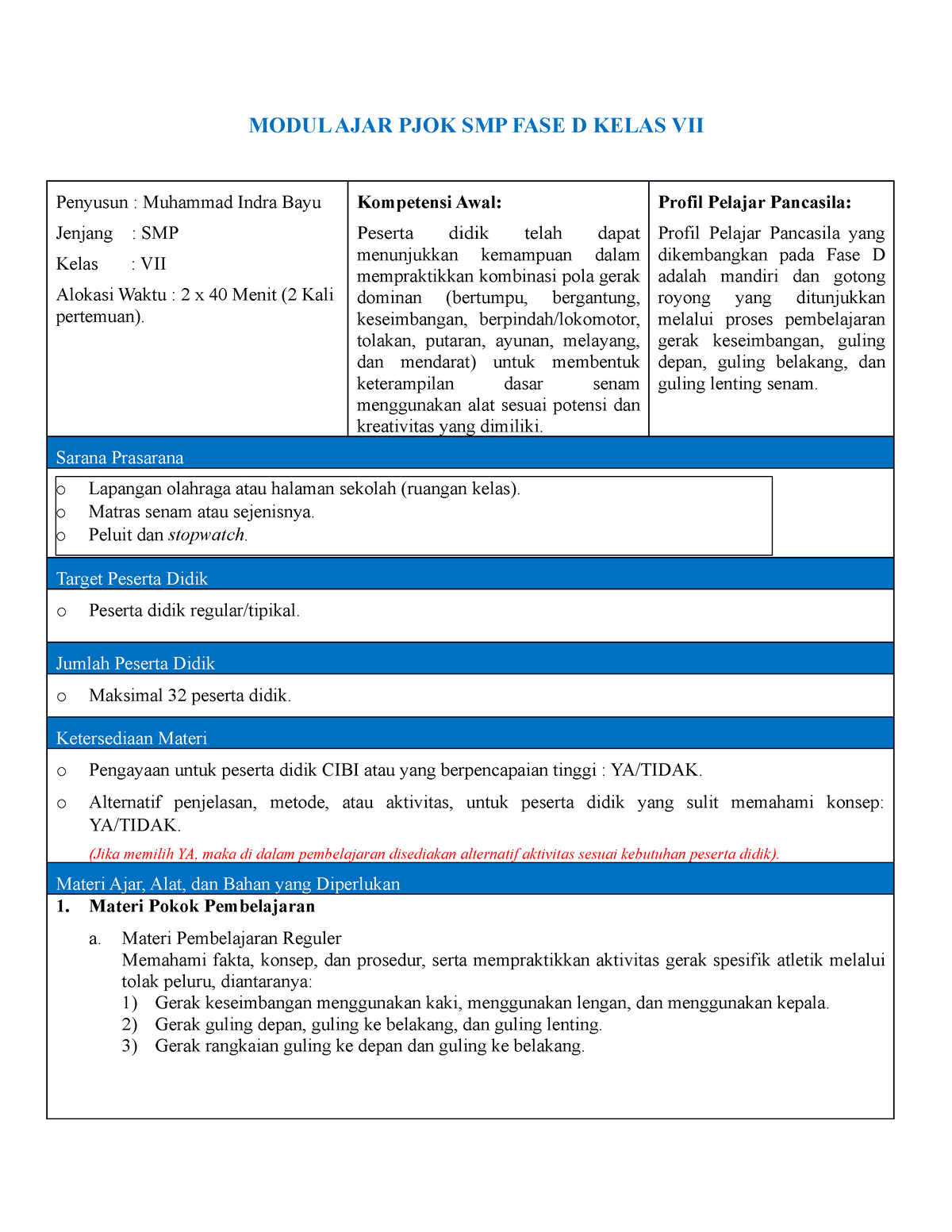 5 Modul AJAR PJOK SMP FASE D Kelas VII Senam - MODUL AJAR PJOK SMP FASE ...