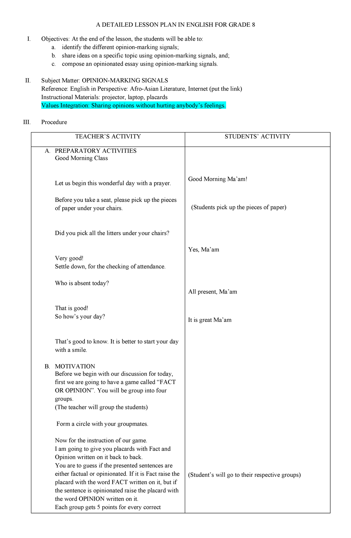 A Detailed Lesson PLAN IN English FOR Grade 8 - A DETAILED LESSON PLAN ...