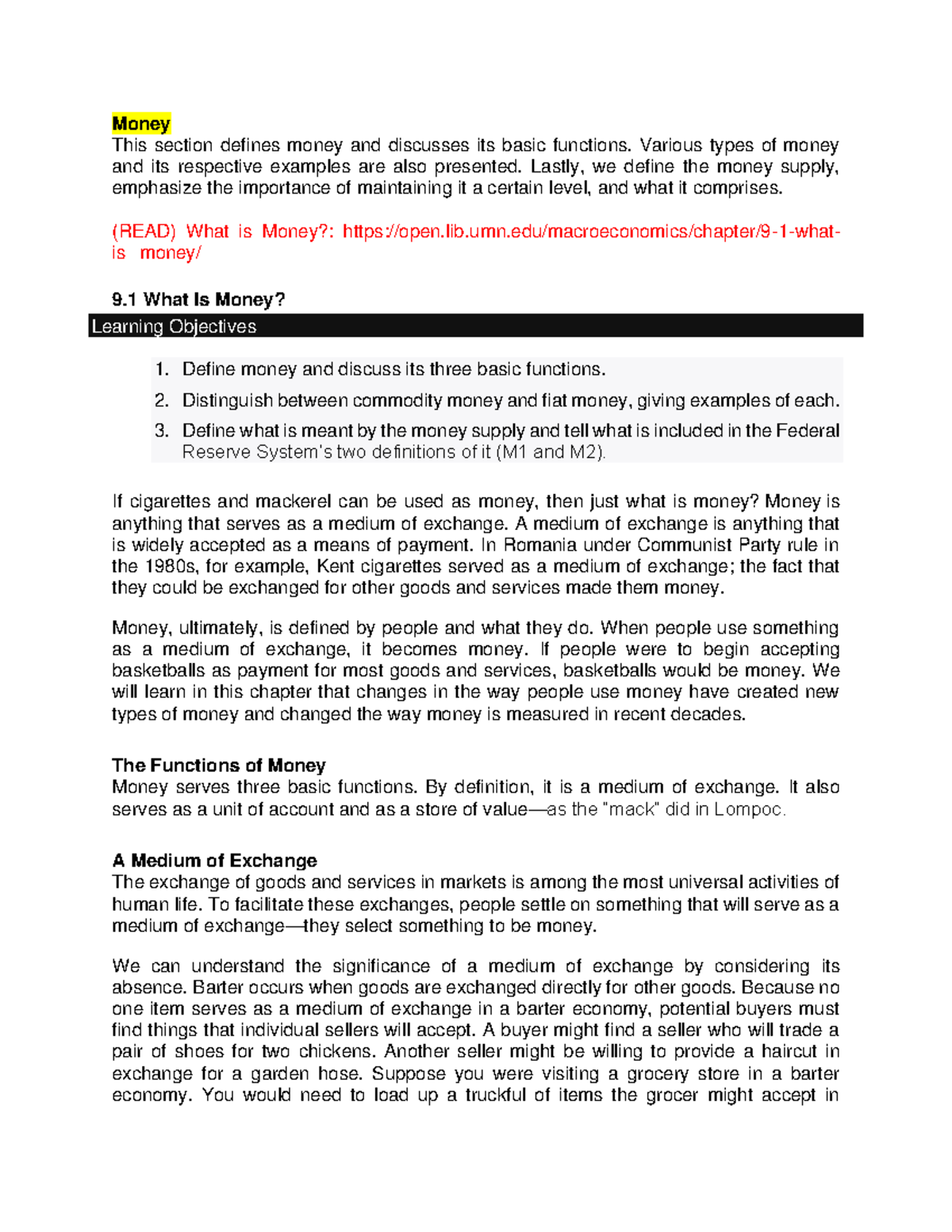 Material economy Money This section defines money and discusses its