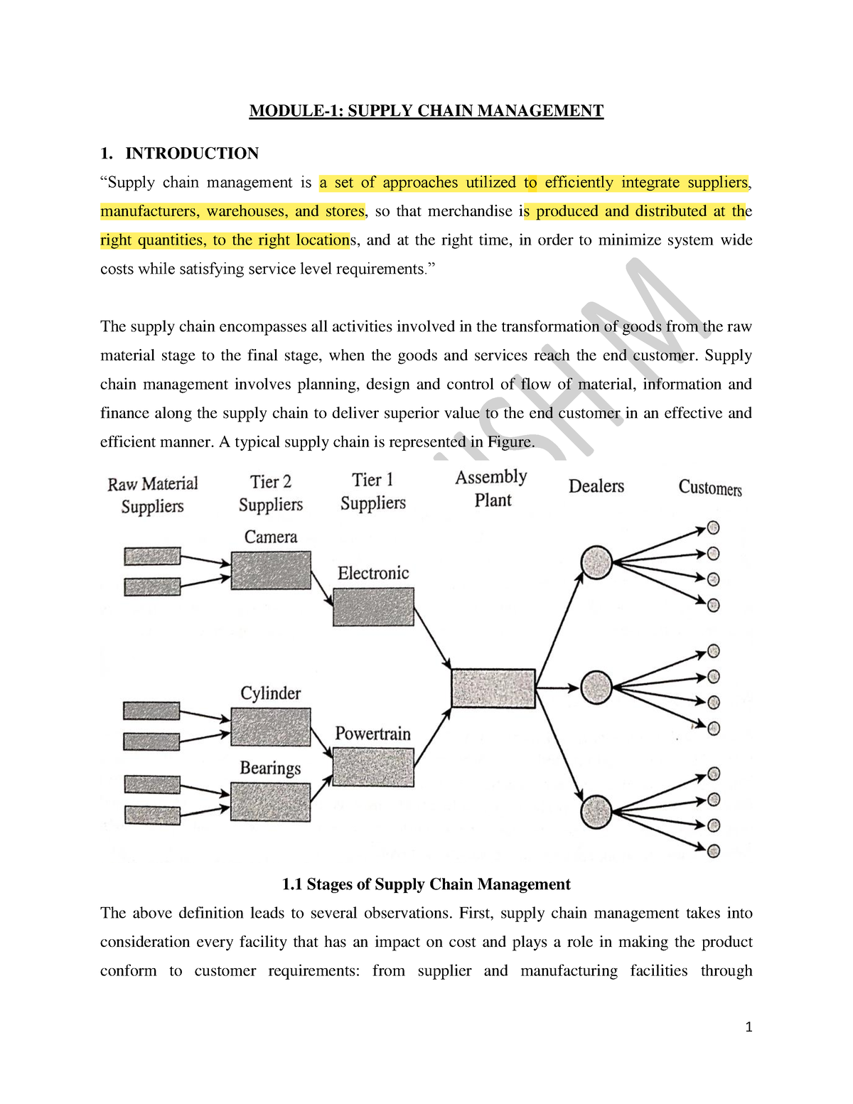 SCM Module 1 - MODULE-1: SUPPLY CHAIN MANAGEMENT 1. INTRODUCTION ...