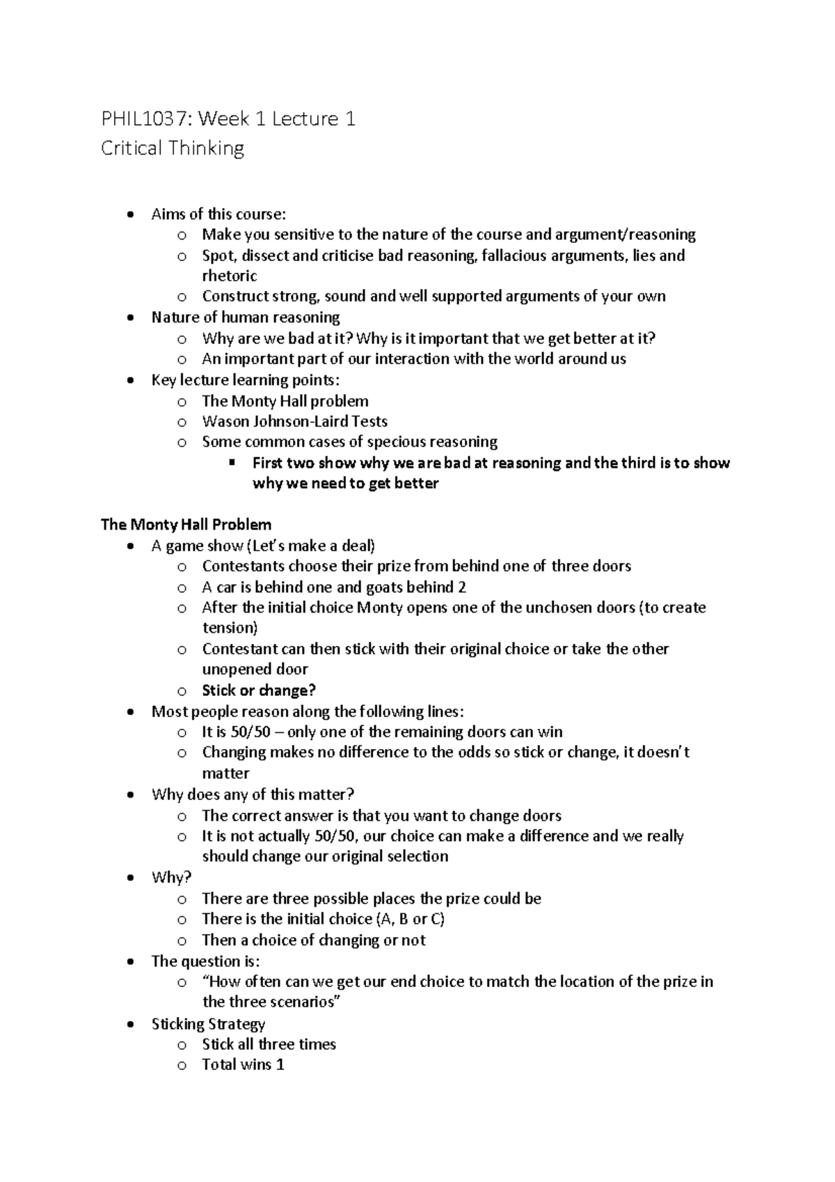 PHIL1037 Entire course notes - PHIL1037: Week 1 Lecture 1 Critical ...