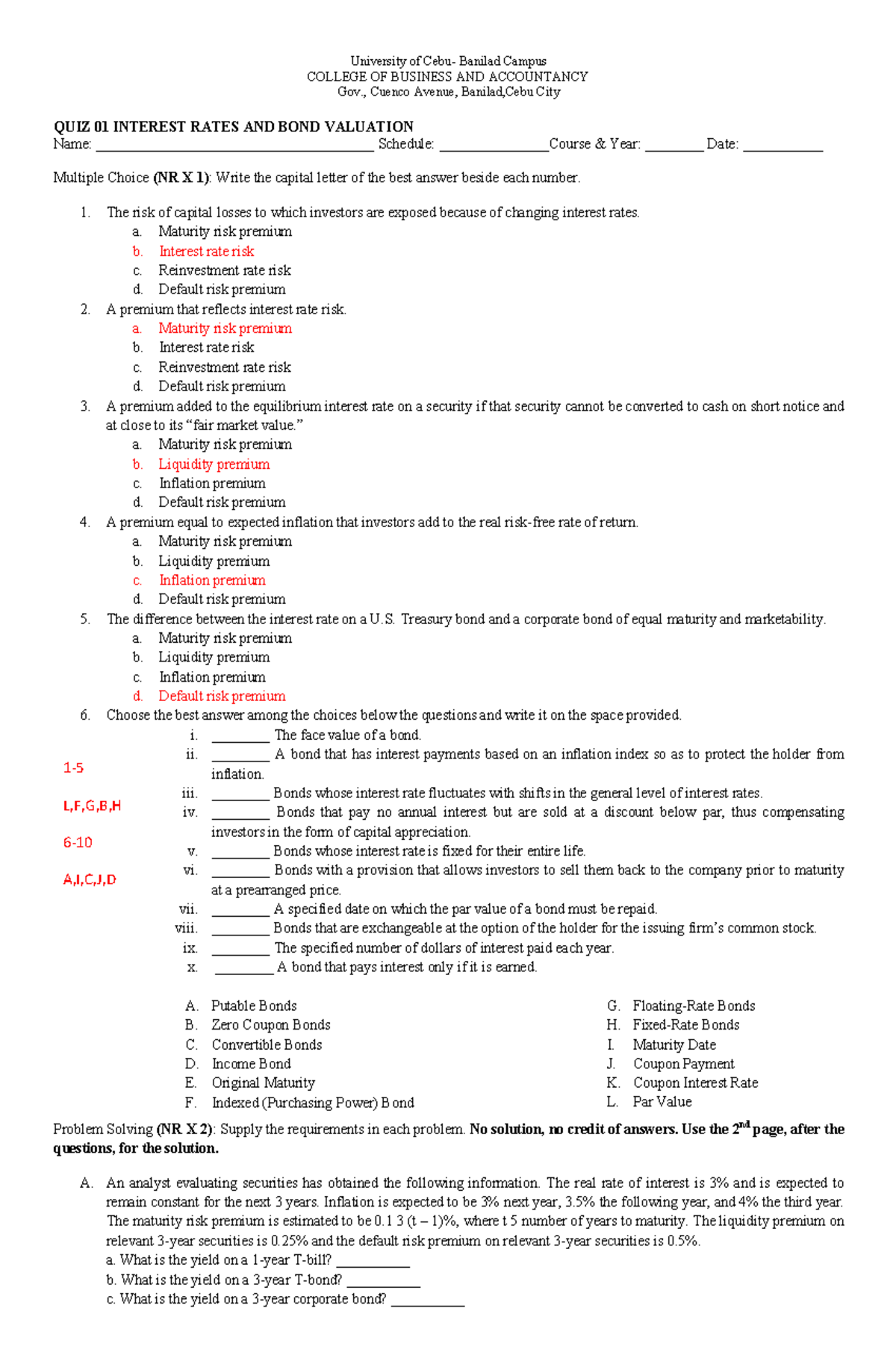 Quiz 1 Interest Rates And Bonds Valuation Key - University Of Cebu 