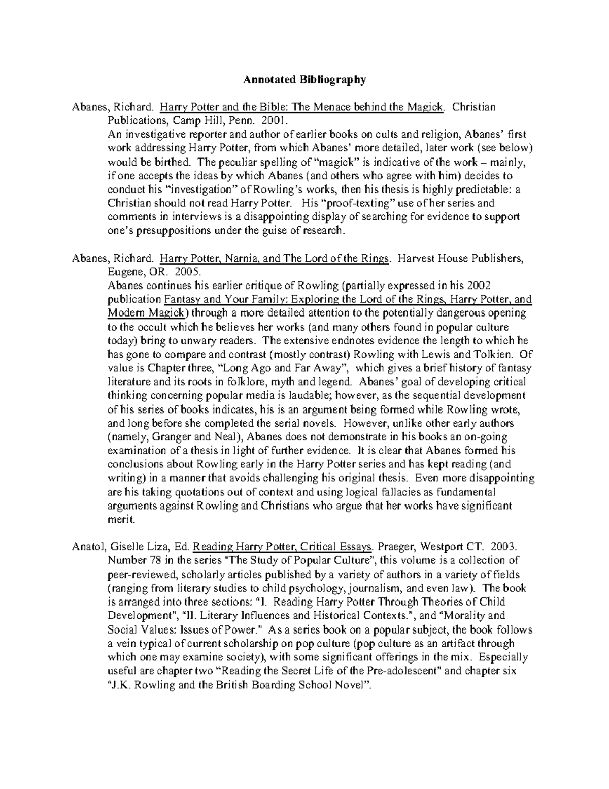 Bibliography Harry Potter as Literature - Annotated Bibliography Abanes ...