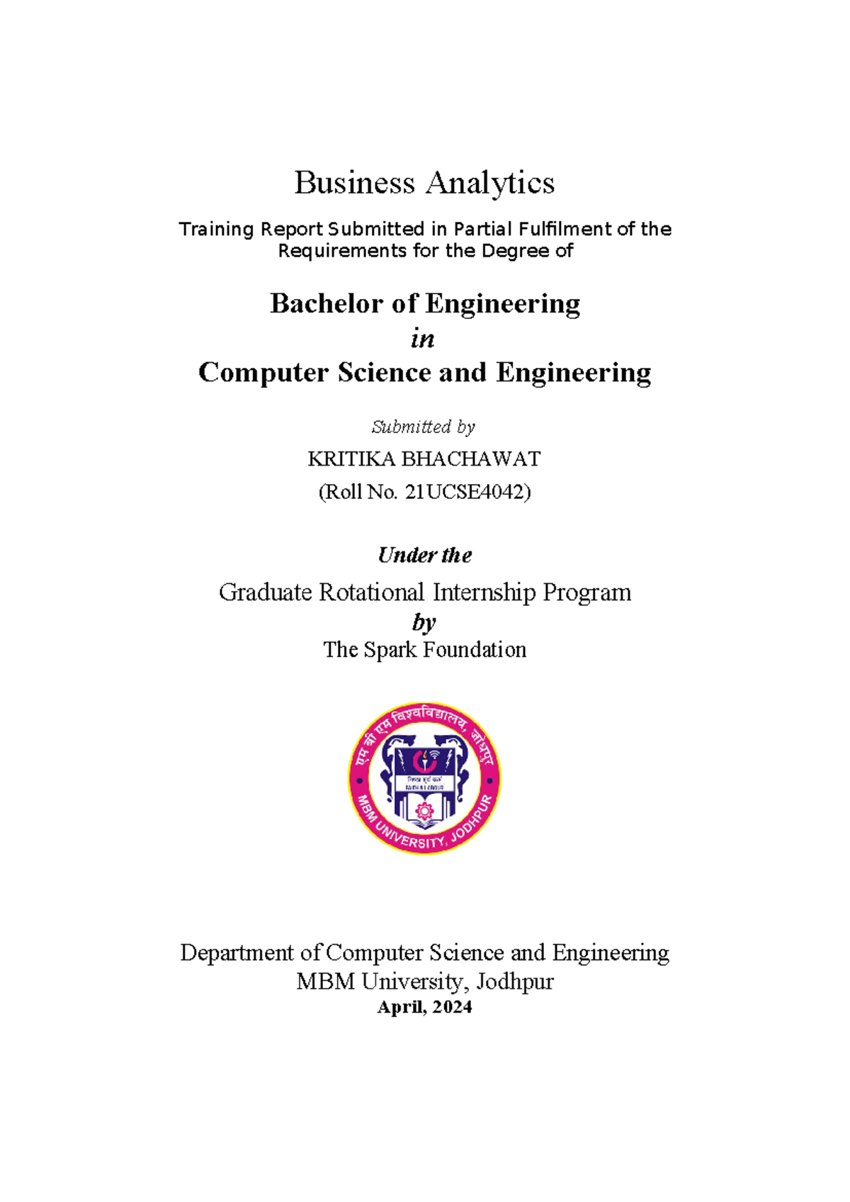 Business Analytics 1 - Business Analytics Training Report Submitted in ...
