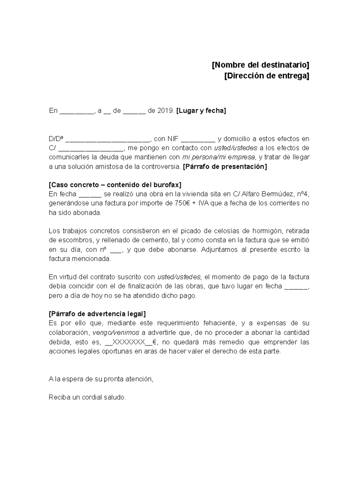 Modelo Burofax Reclamacion Deuda Mbl Abogados Nombre Del