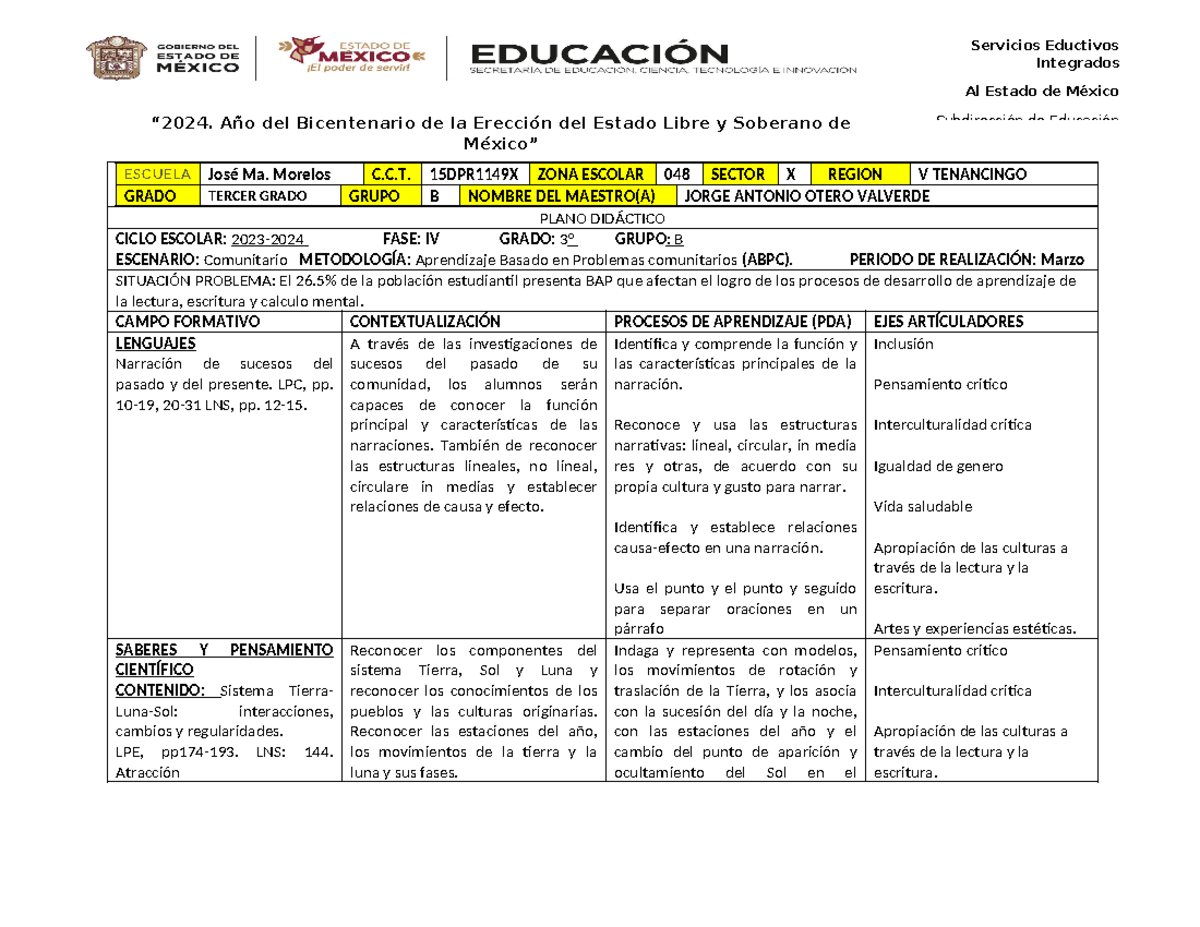 Plano Didáctico Marzo Integrados Al Estado De México “2024 Año Del Bicentenario De La 0102