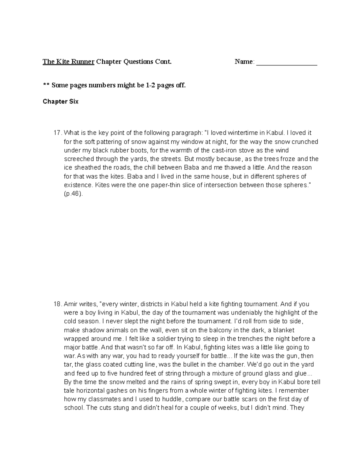 The Kite Runner Chapter Questions Name _________________ ** Some