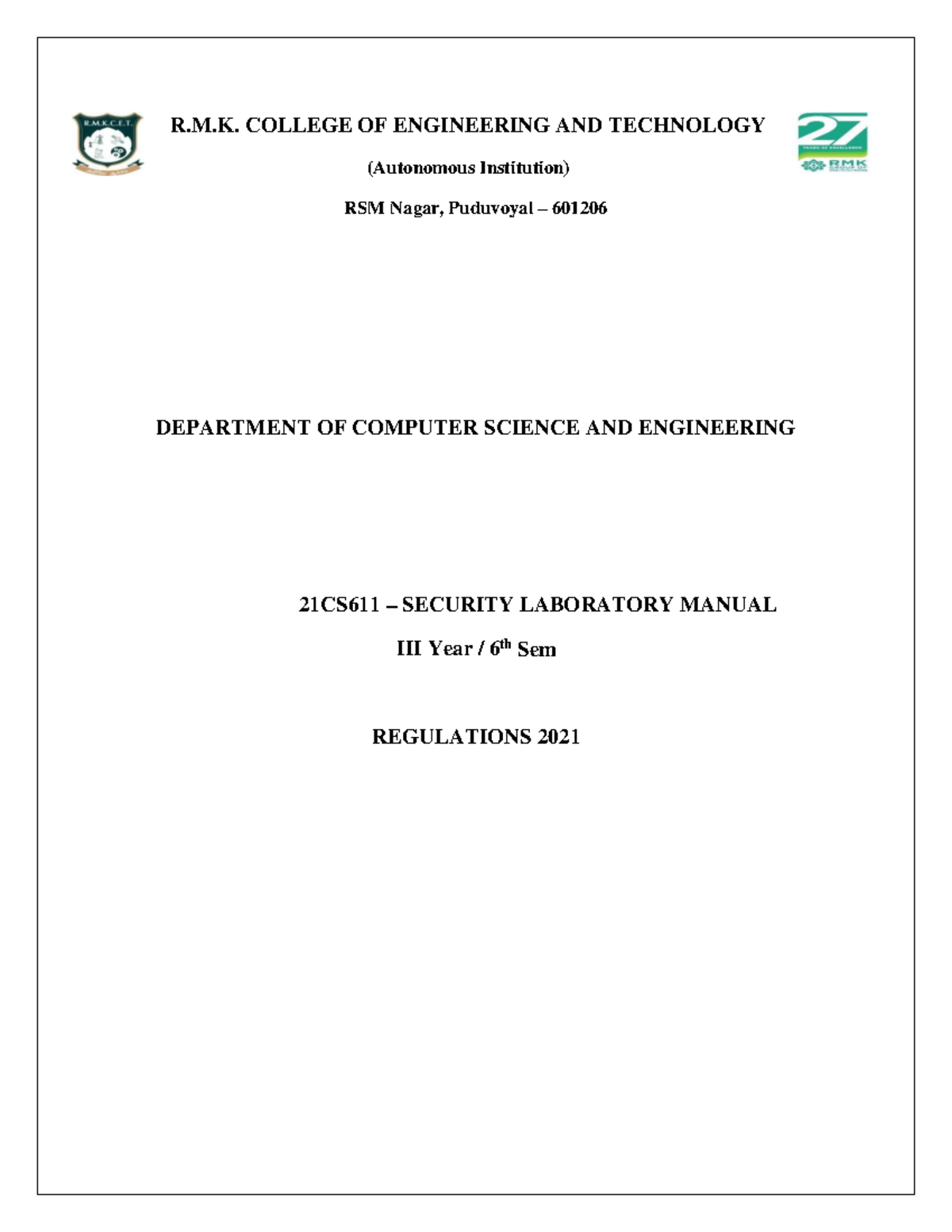 21CS611 III CSE Security Lab Manual - R.M. COLLEGE OF ENGINEERING AND ...