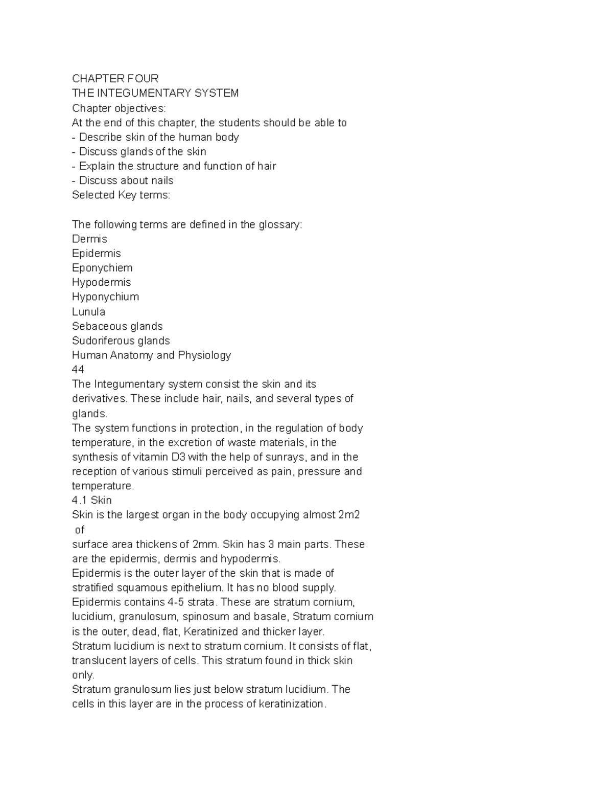 Anatomy Notes 4 - Chapter Four The Integumentary System Chapter 