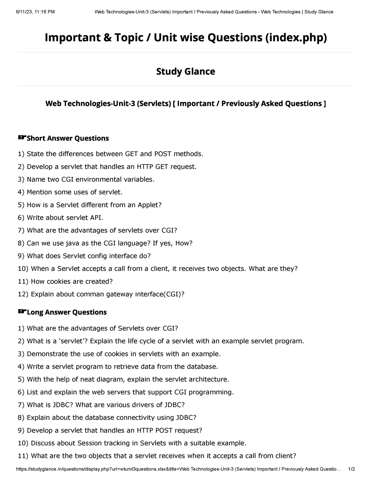 Web Technologies-Unit-3 (Servlets) Important Previously Asked Questions