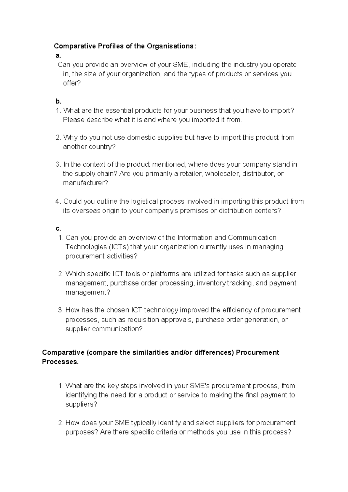 Bản sao của SME Question - Comparative Profiles of the Organisations: a ...