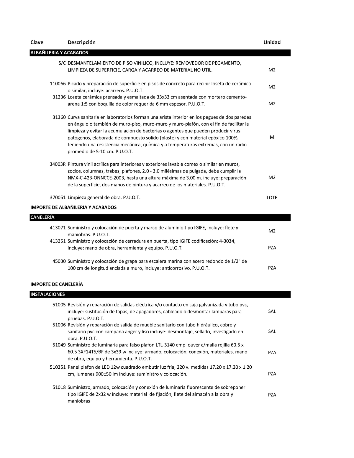 Presupuesto ( Bioterio) - Clave Descripción Unidad S/CDESMANTELAMIENTO DE  PISO VINILICO, INCLUYE: - Studocu