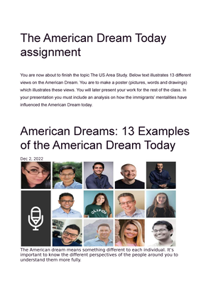 The American Dream Today assignment - The American Dream Today