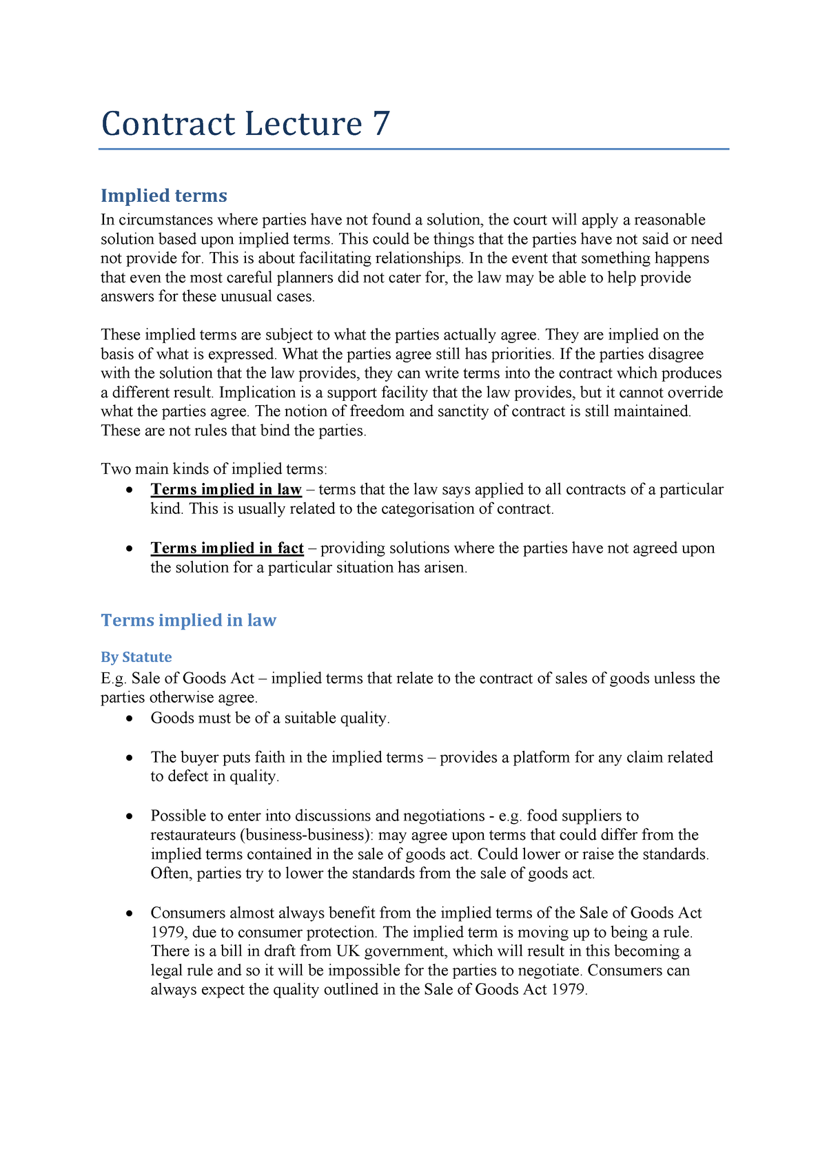 Contract Law Implied Terms Notes - Contract Lecture 7 Implied Terms In ...