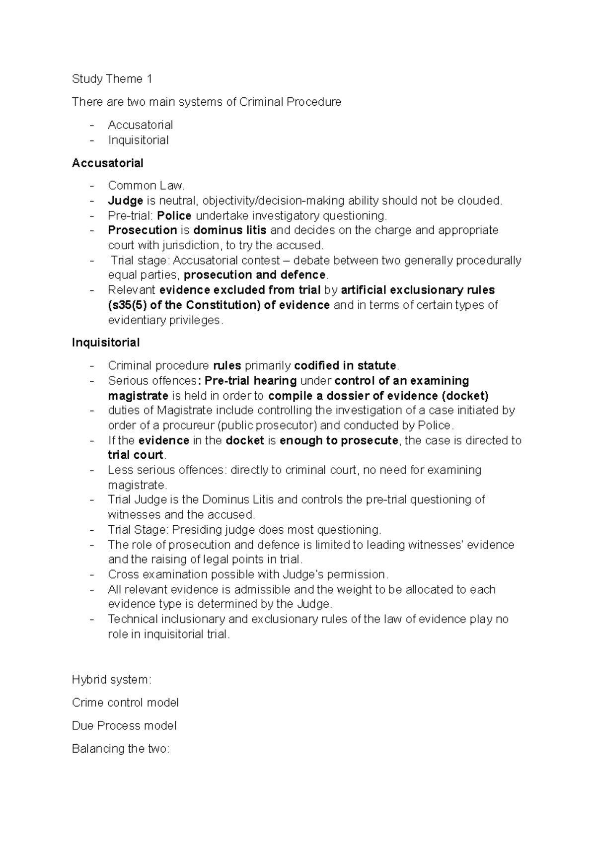 Criminal Procedure Notes - Study Theme 1 There are two main systems of ...