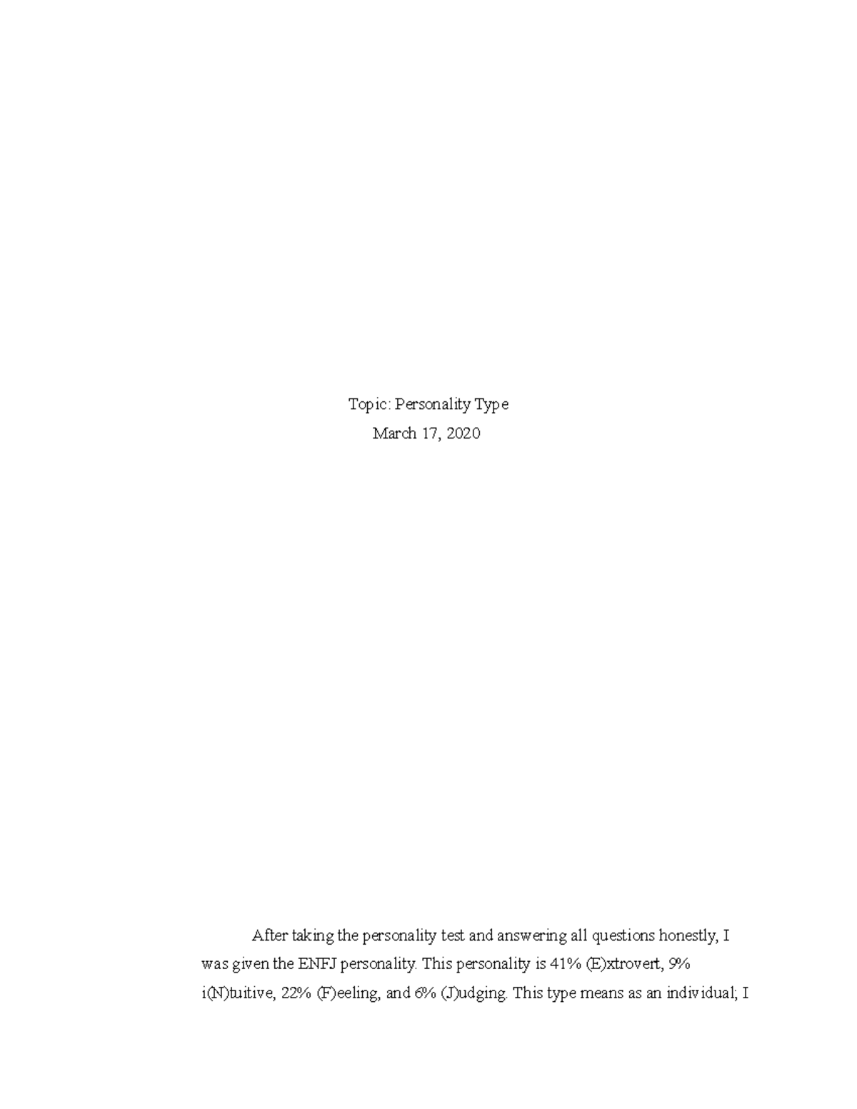 Psych Personality Assignment - Topic: Personality Type March 17, 2020 ...