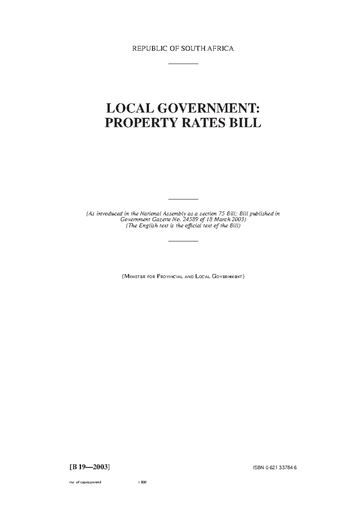 Municipal Property Rates Bill 2003 - REPUBLIC OF SOUTH AFRICA LOCAL ...
