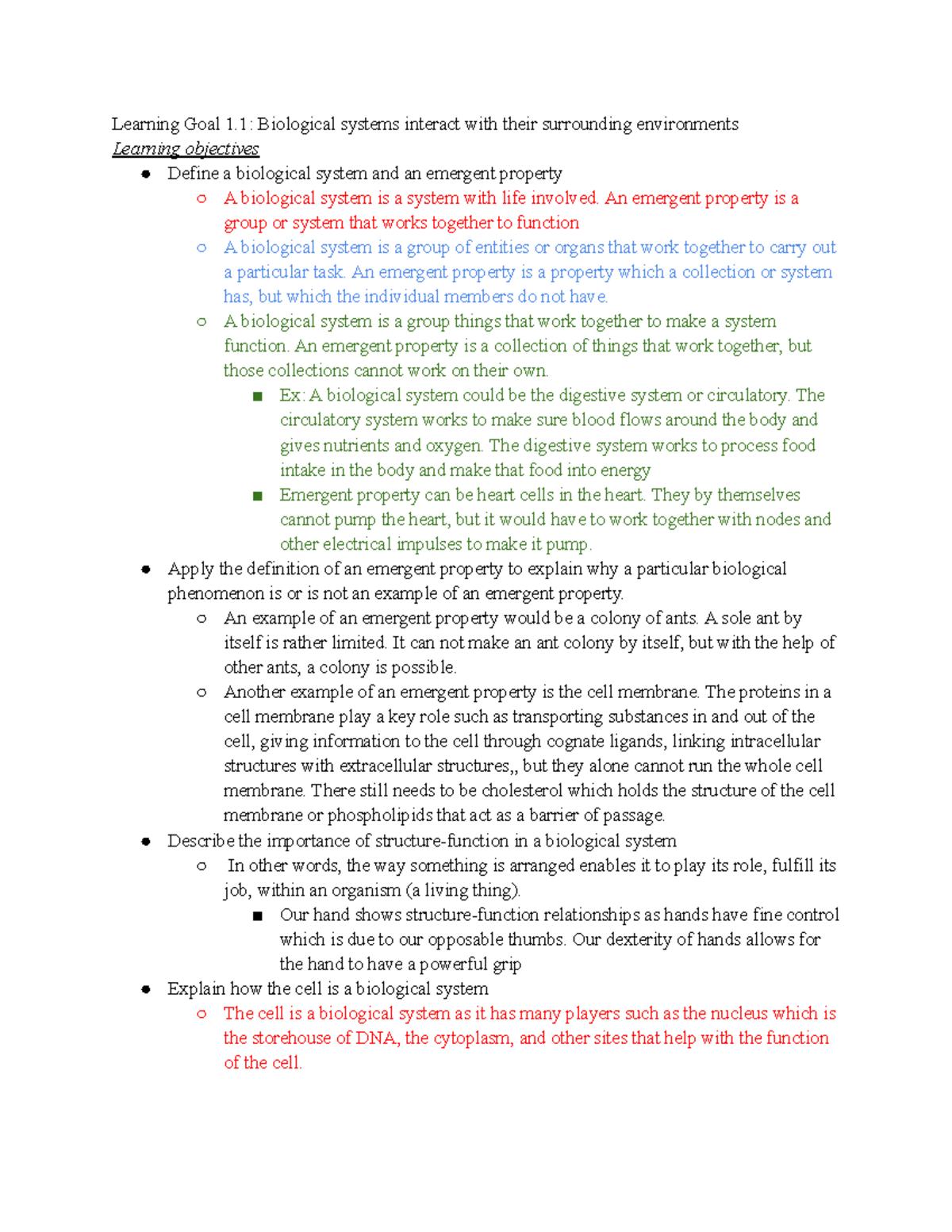 Unit 1 Study Guide - Lecture Notes Unit 1 - Learning Goal 1: Biological ...