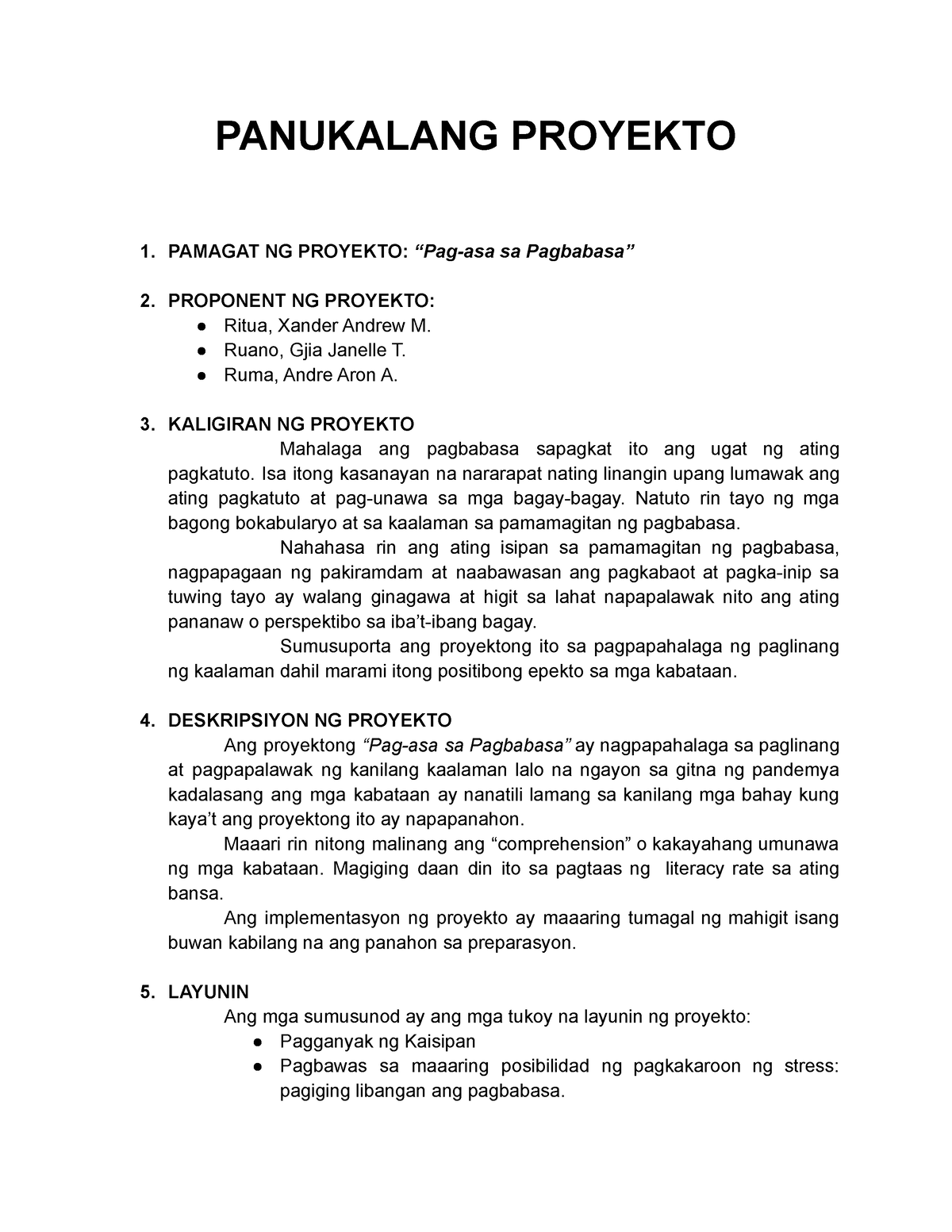 Panukalang Proyekto Filipino Panukalang Proyekto 1 Pamagat Ng Proyekto 3532