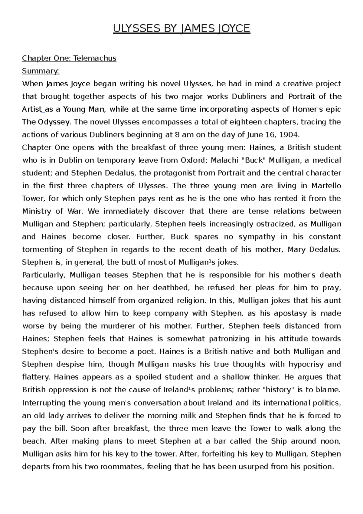 Ulysses analysis ULYSSES JAMES JOYCE Chapter One Telemachus Summary