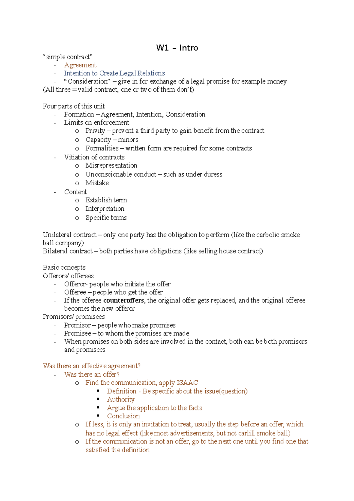 Week 1 notes - introduction - W1 – Intro “simple contract” - Agreement ...