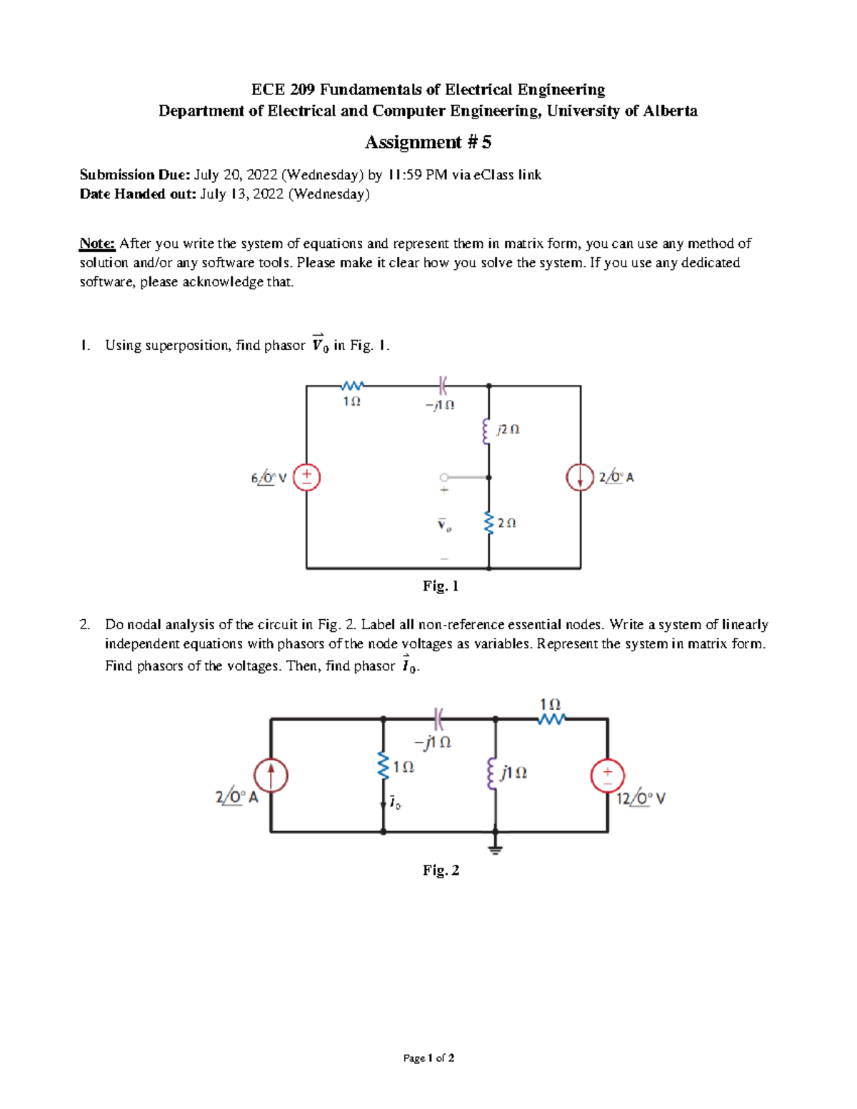 Assignment No 5 - Page 1 Of 2 ECE 209 Fundamentals Of Electrical ...