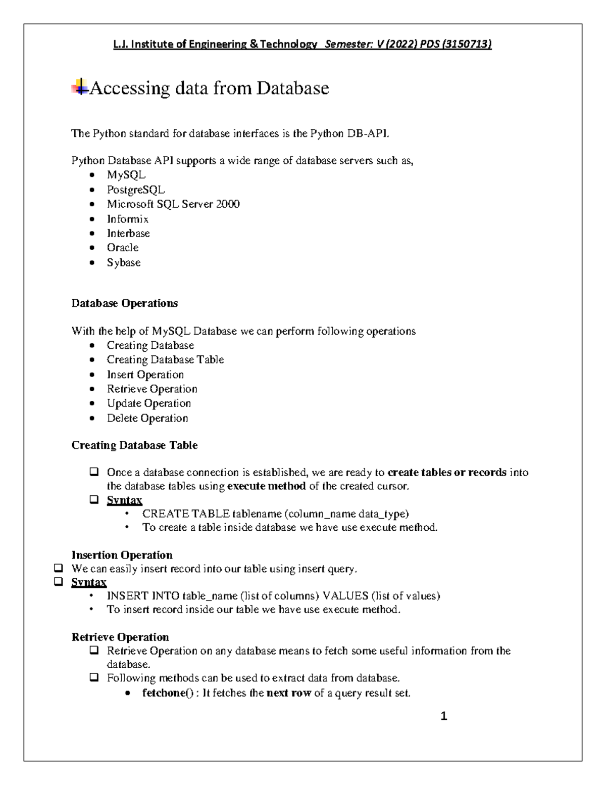 Unit 3 DBMS in PDS - Accessing data from Database The Python standard ...