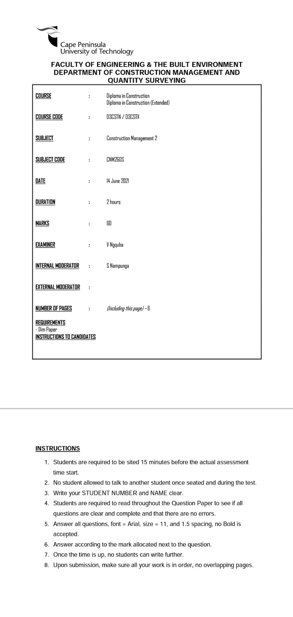 14 June 2021 CNM - Construction management exam paper of june 2014 ...