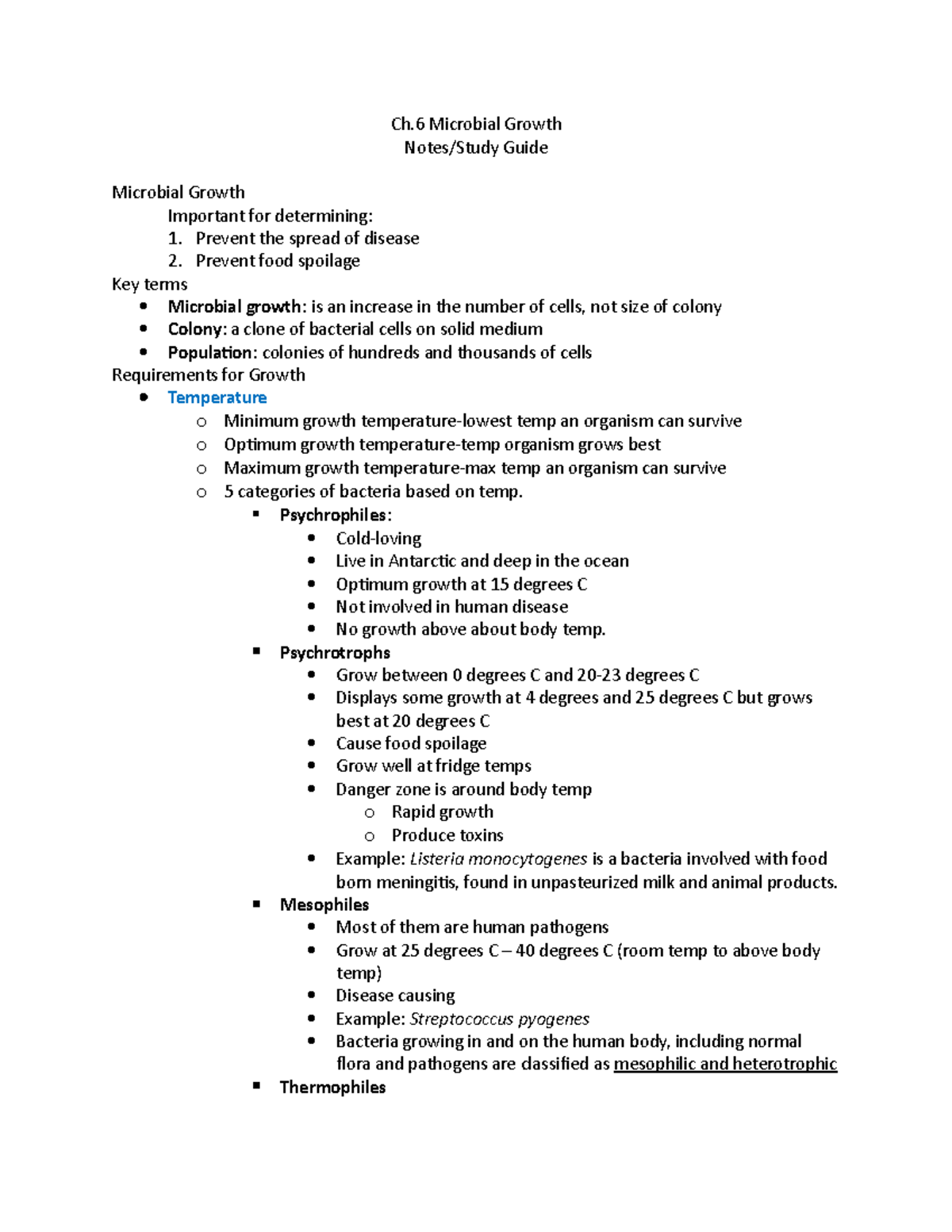 Ch 6 Micobial Growth Lecture Notes Ch 6 Ch Microbial Growth Notes 