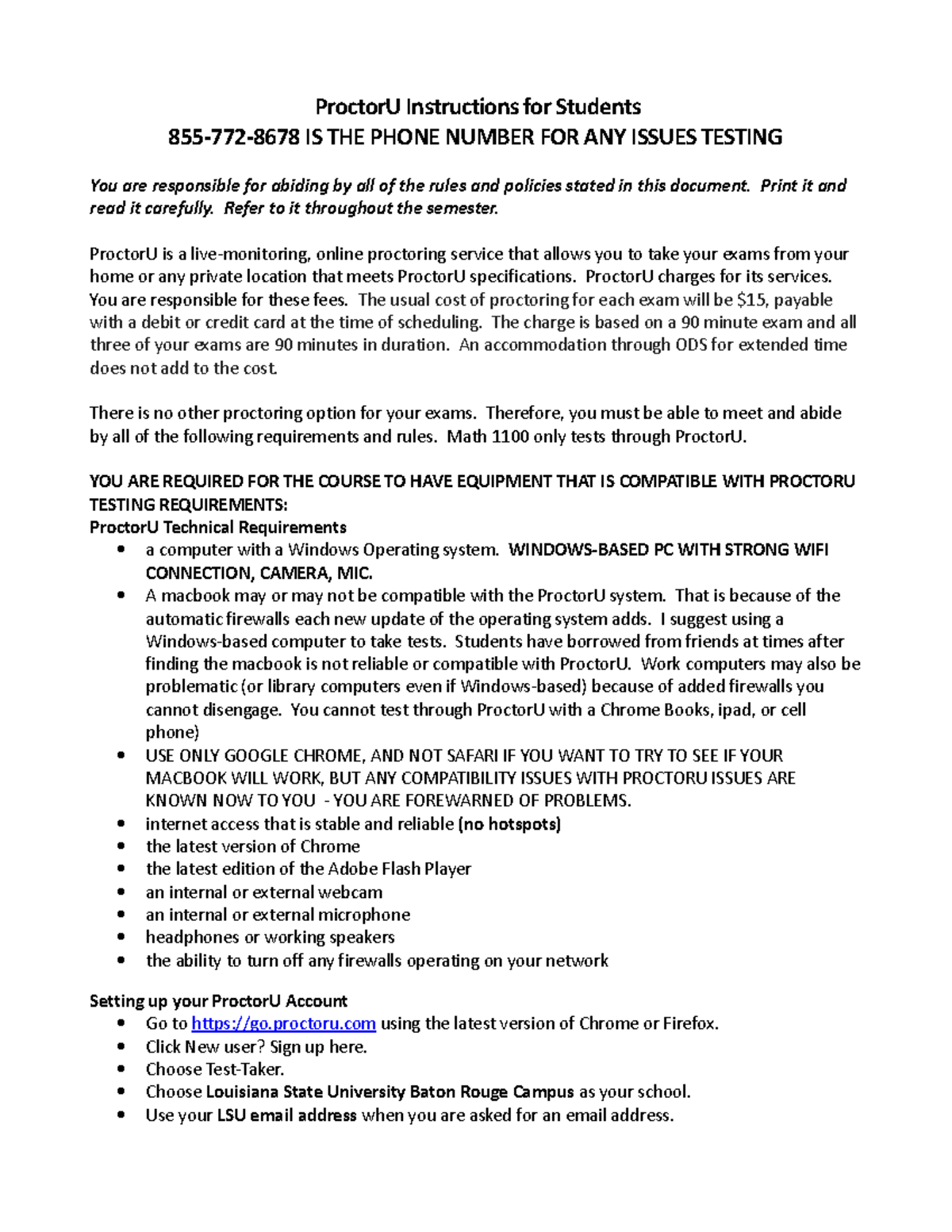 Proctor U Document ProctorU Instructions for Students 8557728678 IS