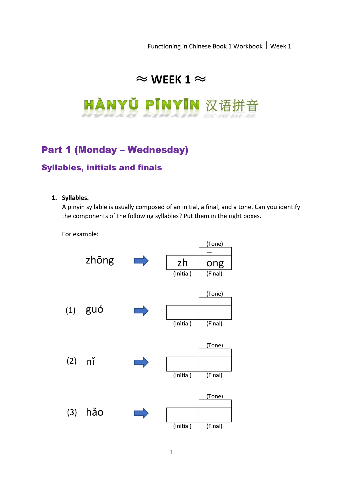 Wb Week1 Pinyin Practice Chns1101 Functioning In Chinese Book Workbook Week Week Part Monday Wednesday Syllables Initials And Finals Syllables Pinyin Syllable Studocu