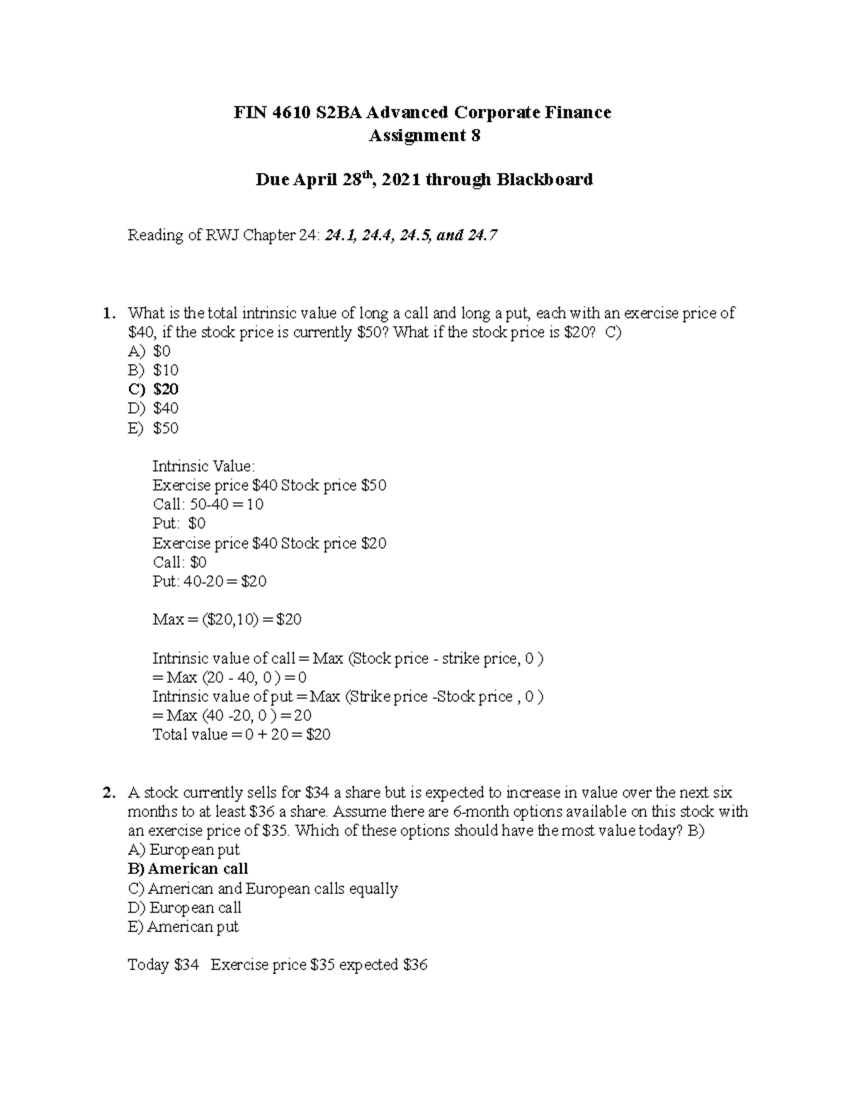 Assignment 8 Advanced Corporate Finance - FIN 4610 - Baruch College ...