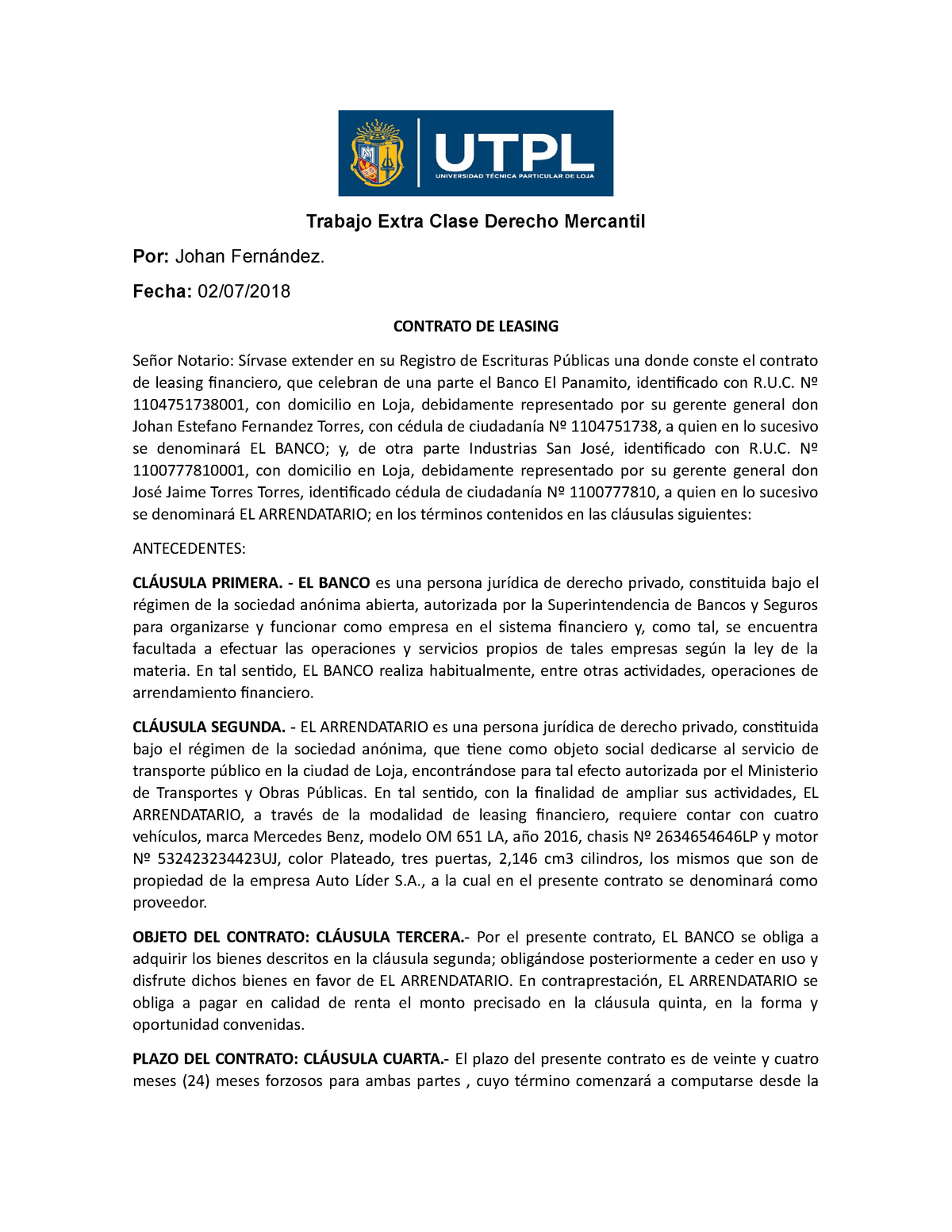 Contrato De Leasing Derecho Mercantil Trabajo Extra Clase Derecho Mercantil Studocu