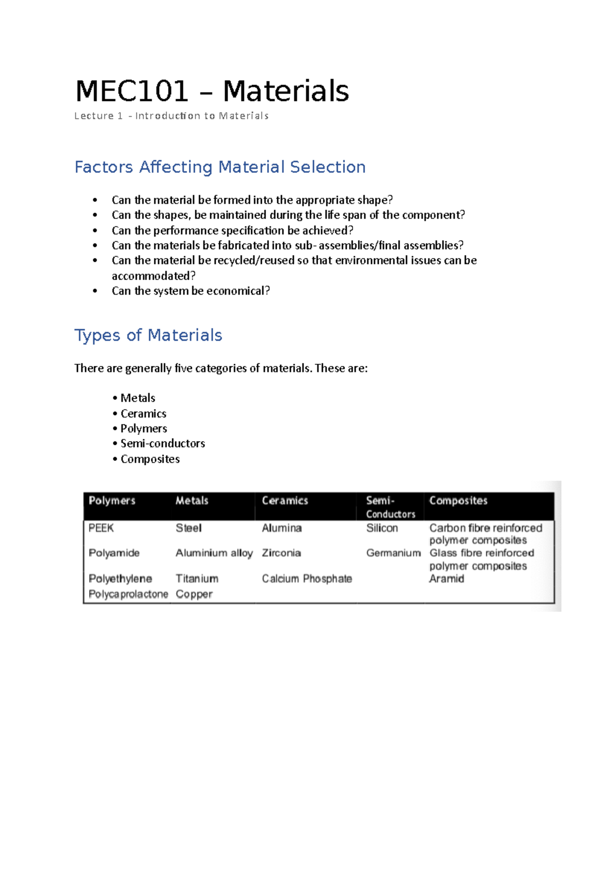 Lecture 1 - Introduction to Materials - MEC101 – Materials Lecture 1 ...