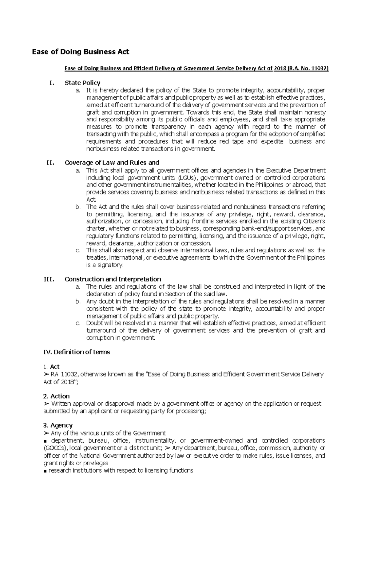 Ease of Doing Business Act - No. 11032) I. State Policy a. It is hereby ...
