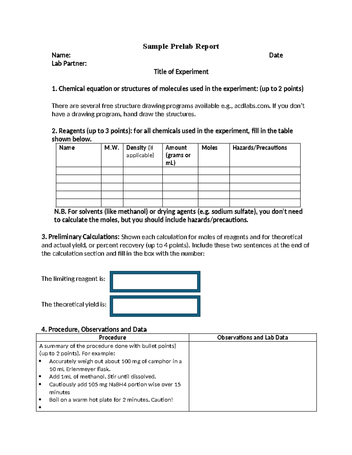 Sample Prelab and Lab Report Sample Prelab Report Name Date Lab
