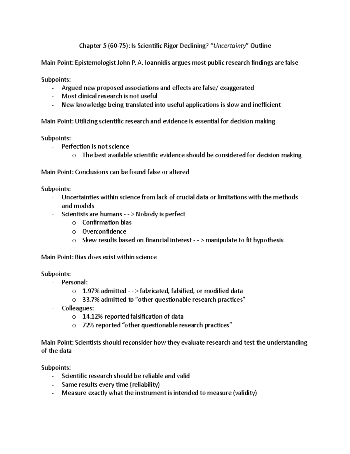 Chapter 5 Uncertainty Outline - Chapter 5 (60-75): Is Scientific Rigor ...