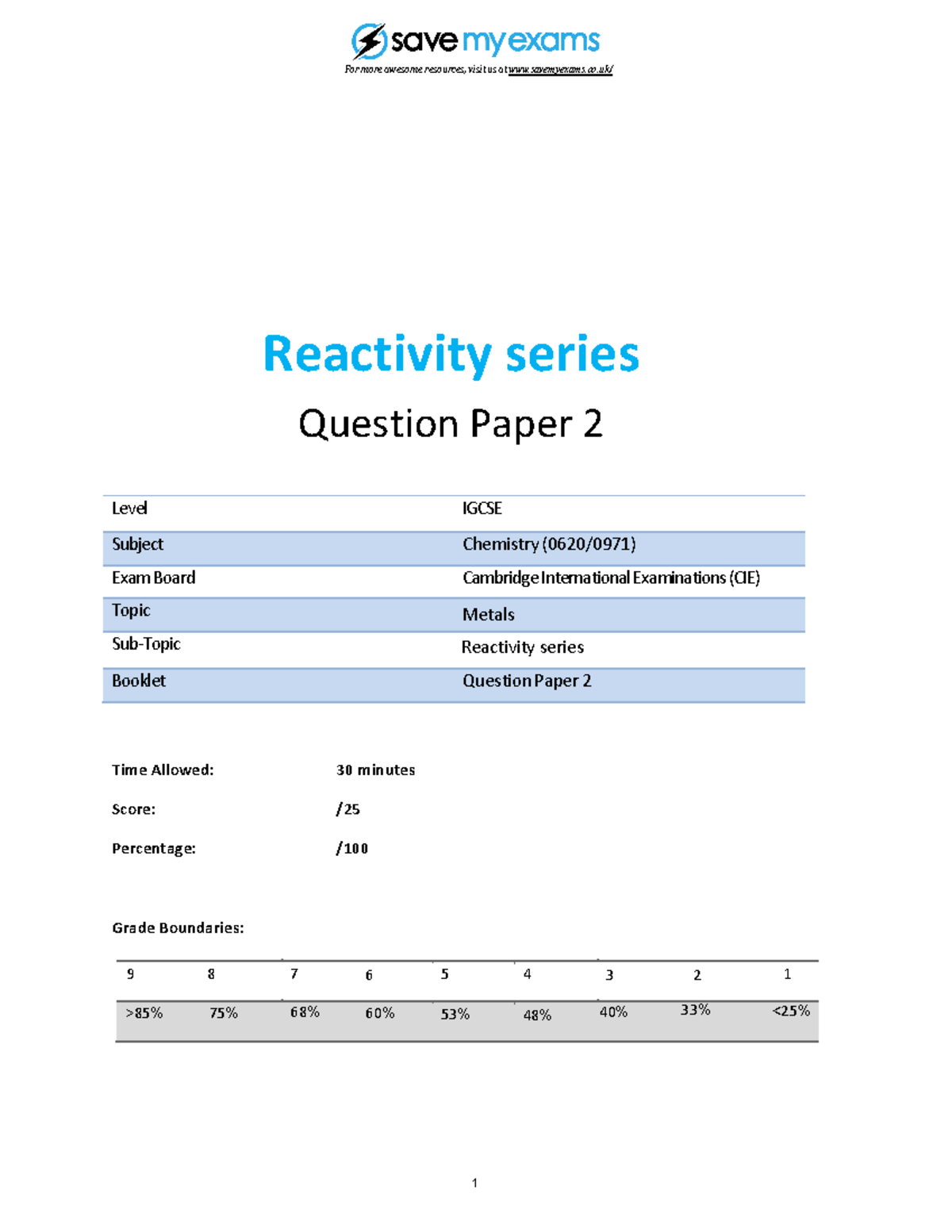 102 Reactivity Series Topic Booklet 2 CIE Igcse Chemistry - Reactivity ...