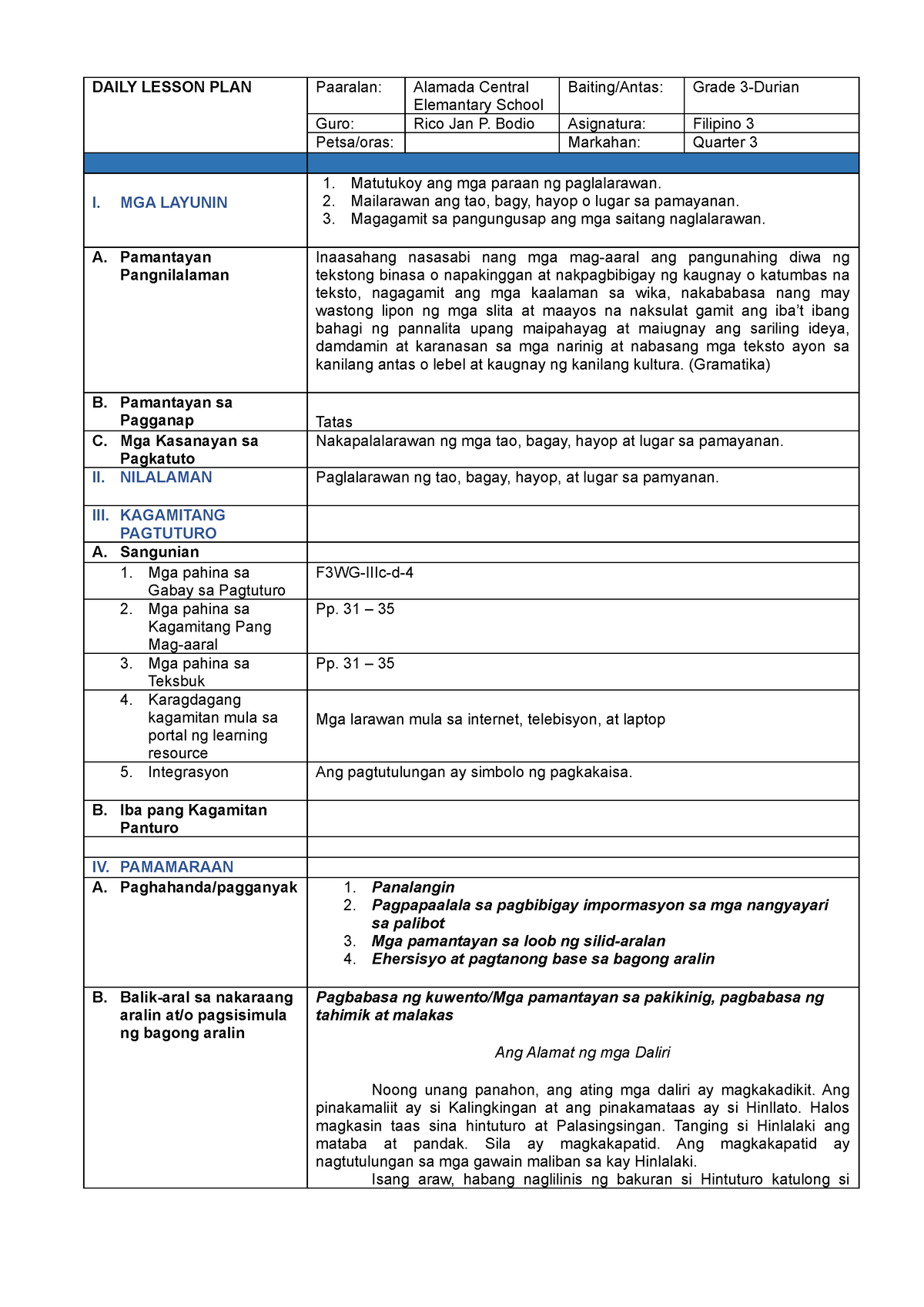 Lessonplan Lesson Plan In Filipino 3 Daily Lesson Plan Paaralan Alamada Central Elemantary 6789