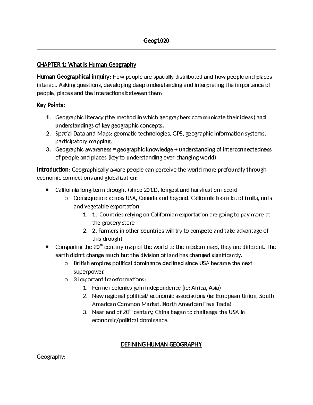 Ch1 Notes - Geog CHAPTER 1: What Is Human Geography Human Geographical ...